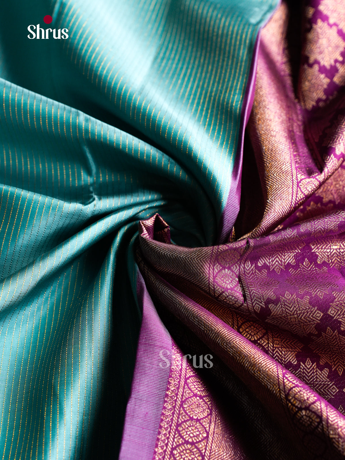 Sheeny Turquoise Silk Saree With Gold Stripes | Purple Border & Pallu With Star Buttas