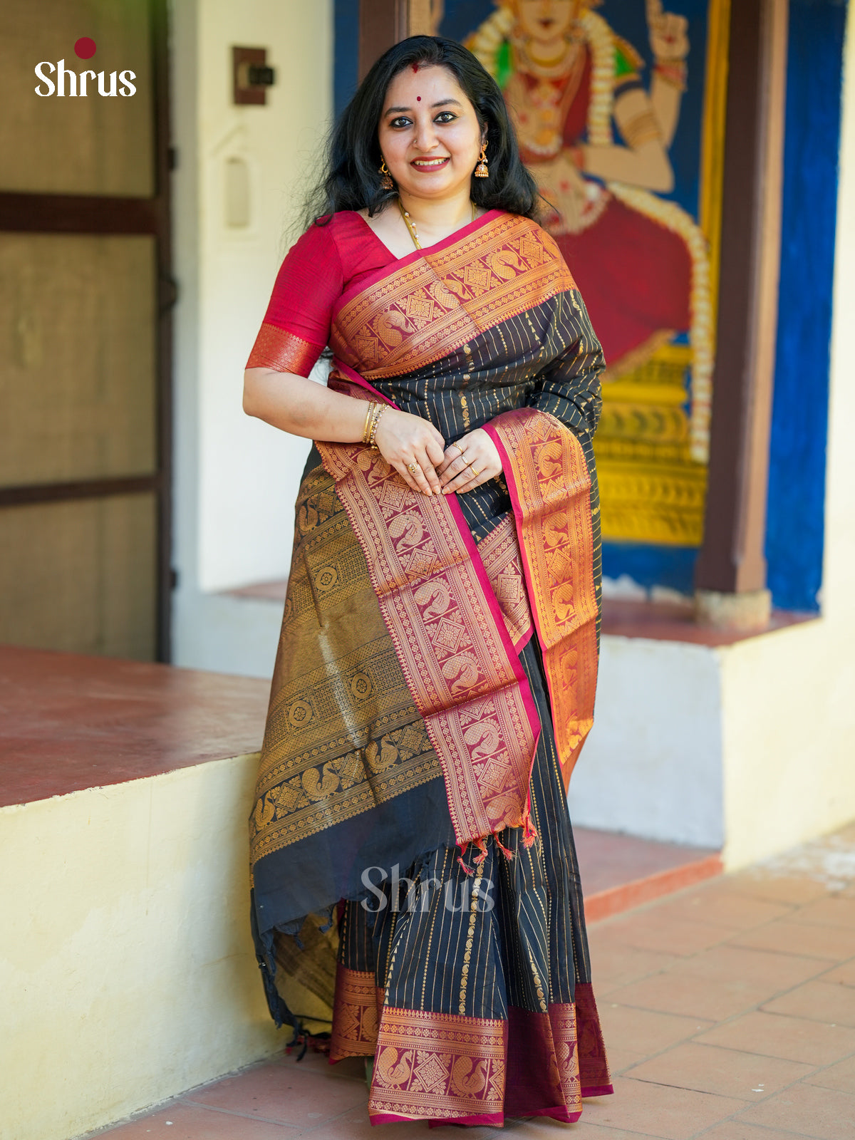 Shimmery Black Chettinad Cotton Saree With Golden Stripes & Maroon Zari Woven Border