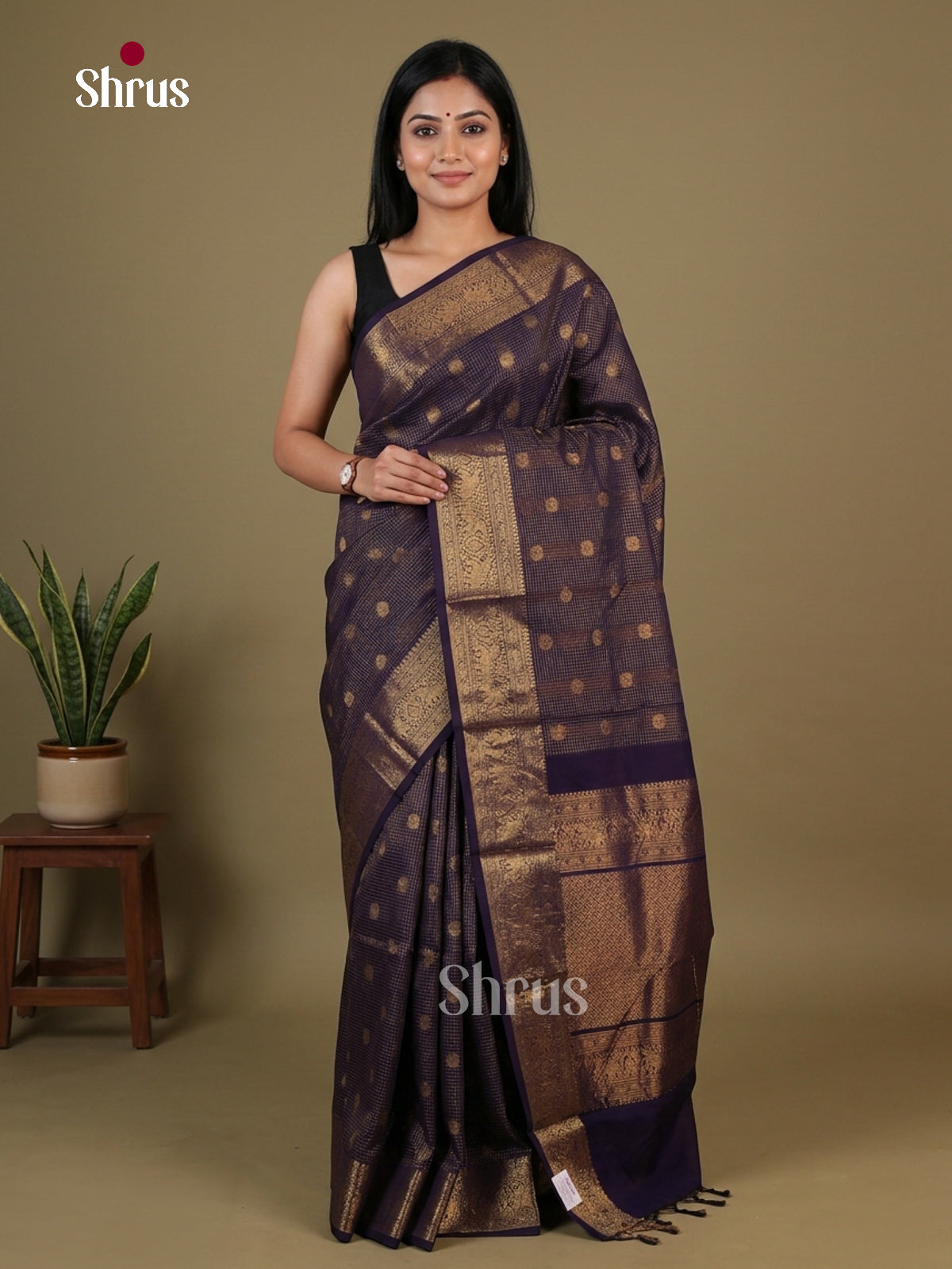 Shimmery Dark Violet Chettinad Cotton Saree With Fine Gold Checks, Buttas & Brocade Pallu
