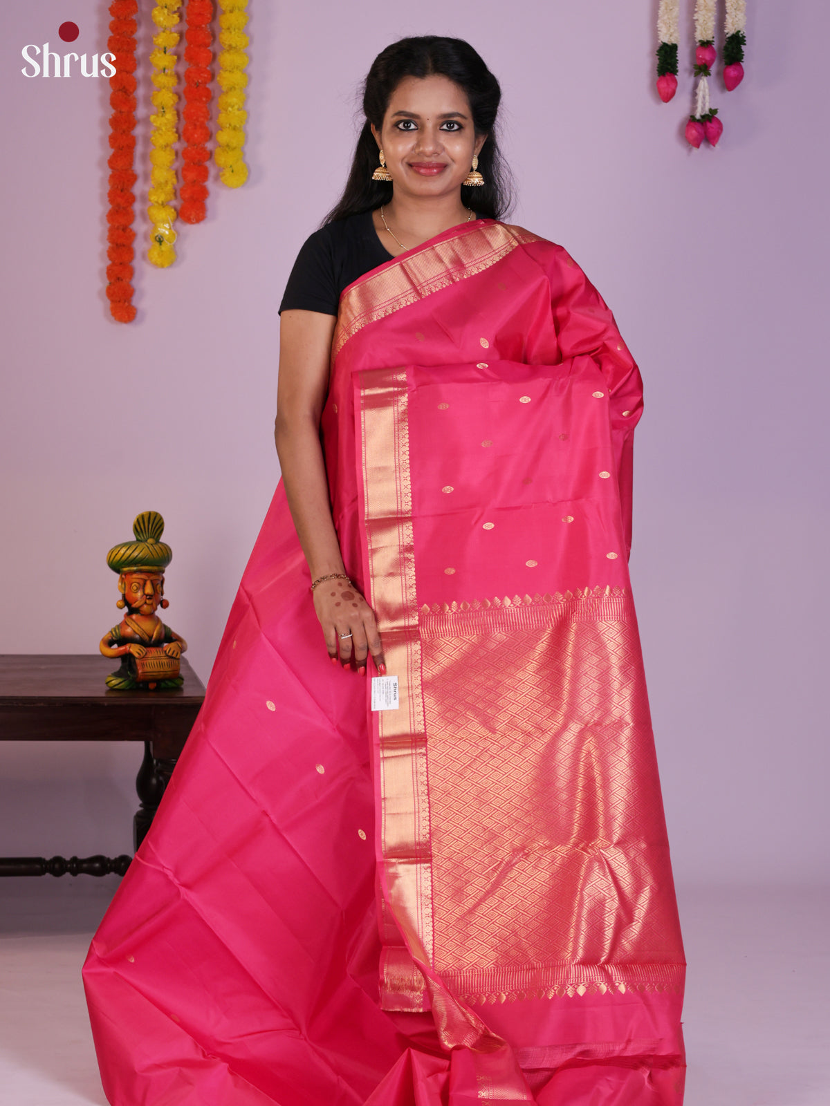 Shimmery Pink Kanchipuram Silk Saree with Gold Buttas & Brocade Zari Pallu