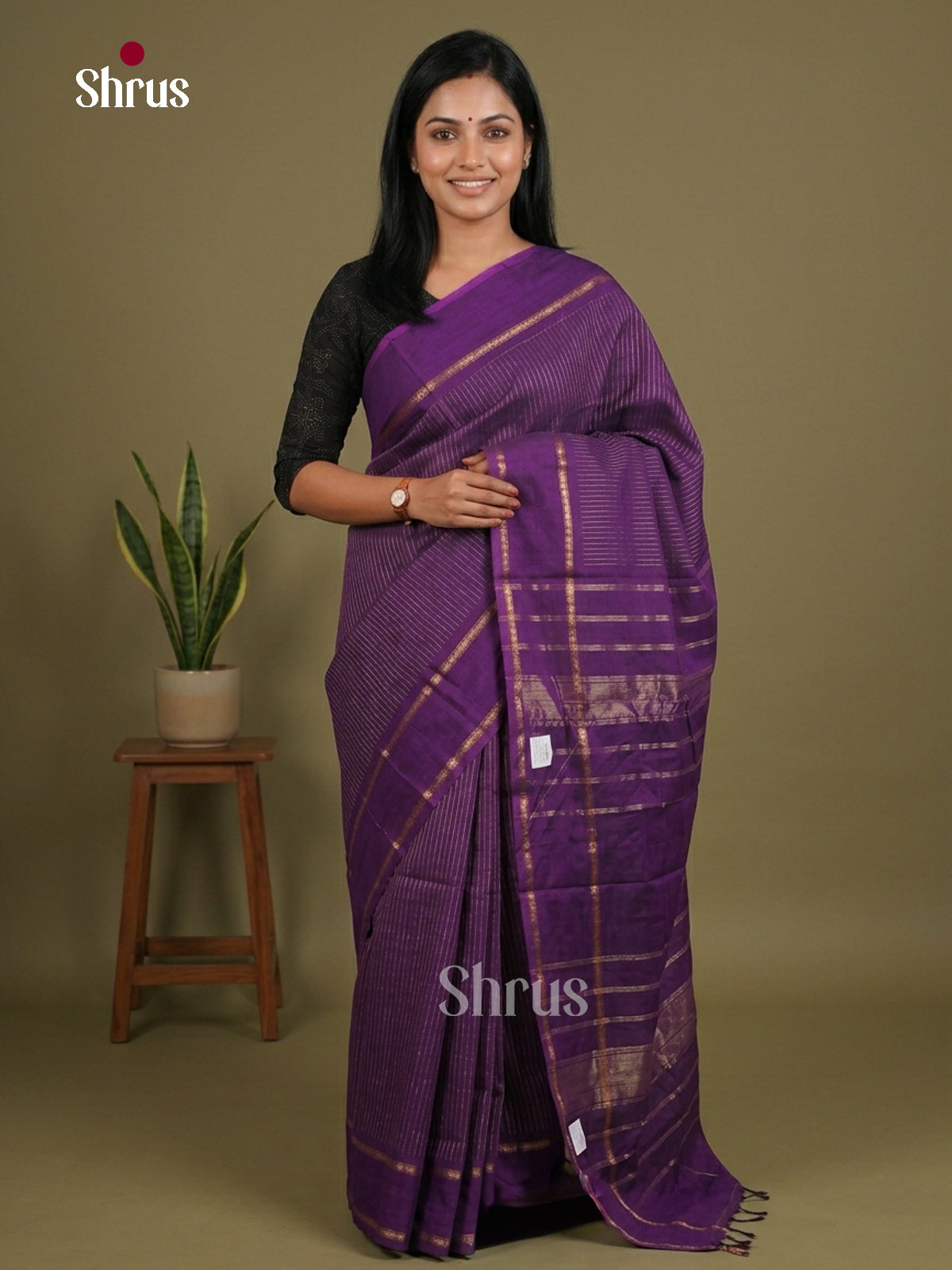 Shimmery Purple Chettinad Cotton Saree With Golden Stripes, Rettapet Border & Zari Pallu