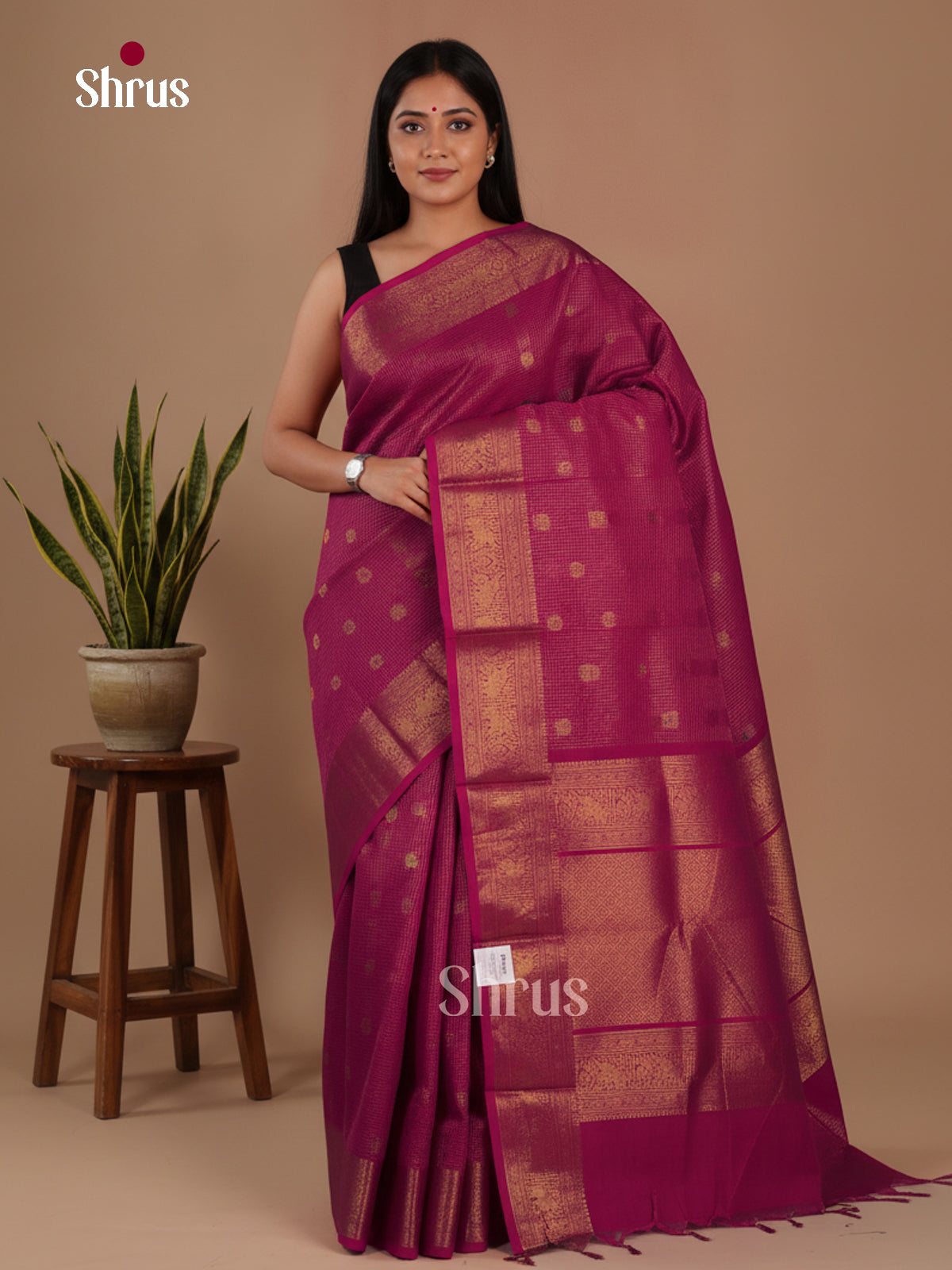 Pink Chettinad Cotton Saree With Micro Checks, Buttas & Brocade Pallu - Shop on Shrus.com