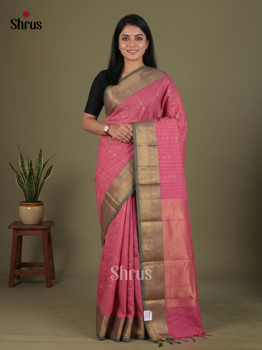 Shiny Light Pink Chettinad Cotton Saree With Golden Stripes & Olive Green Zari Border