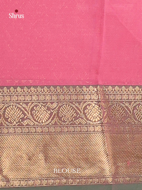 Shiny Light Pink Chettinad Saree With Golden Stripes & Olive Green Zari Border