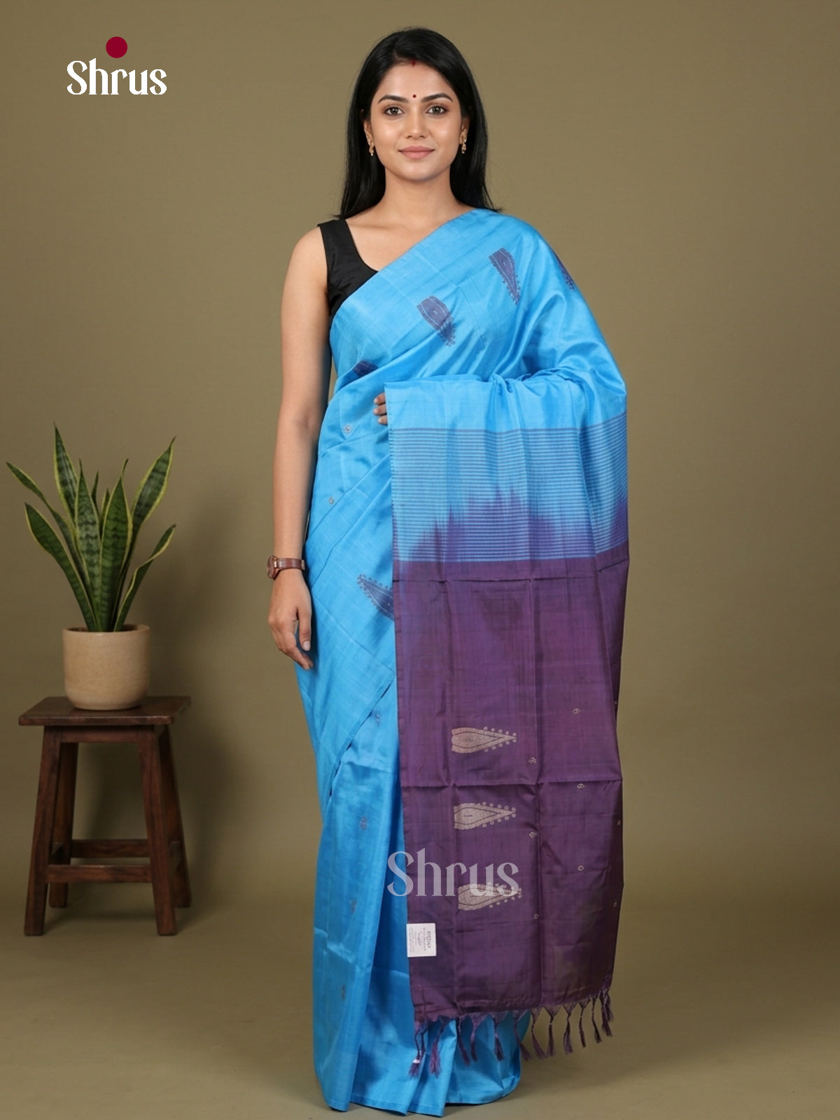 Buy Serene Sky Blue Banana Pith Saree With Floral Motifs & Dark Purple Traditional Pallu