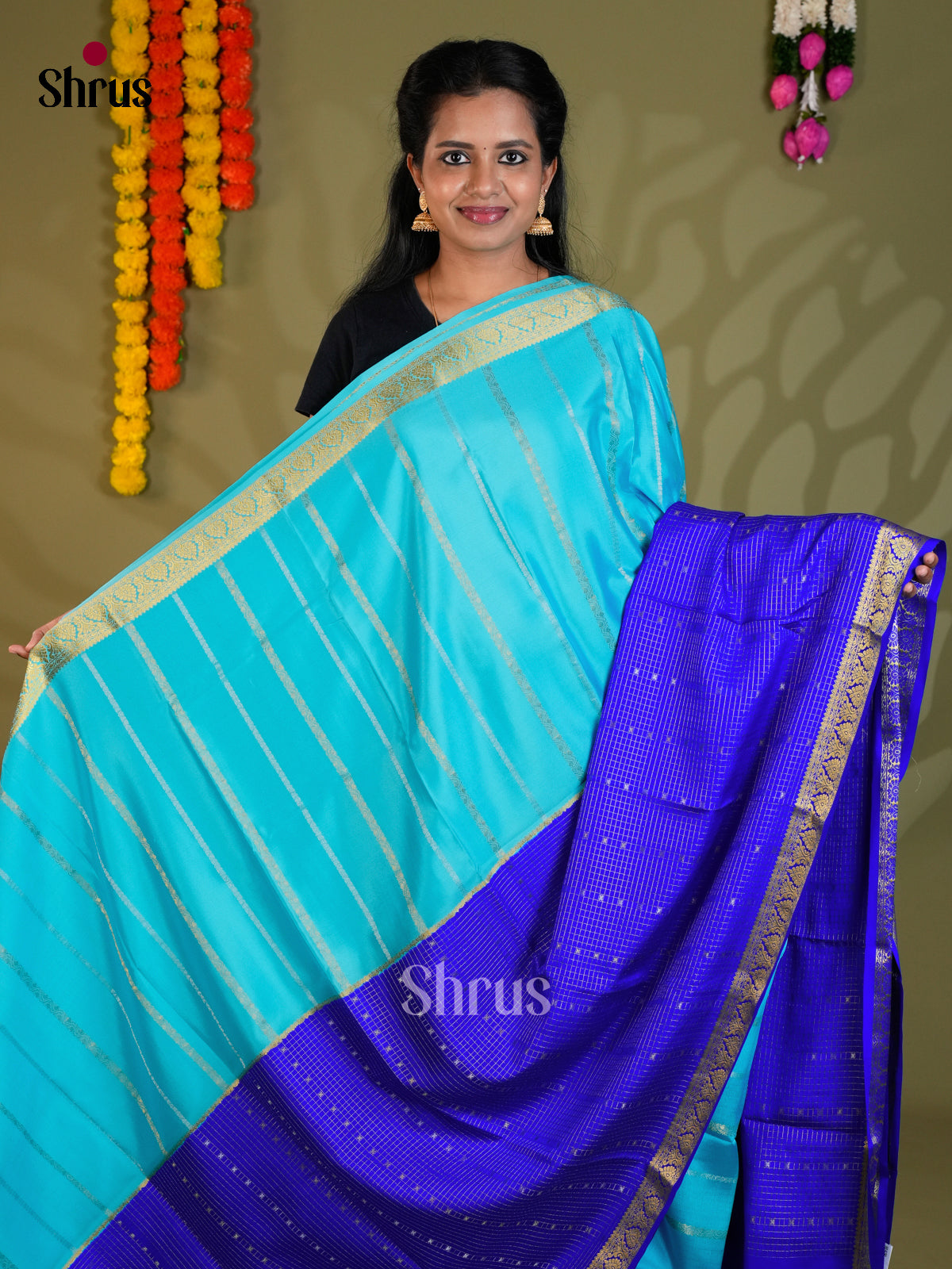 Buy Celestial Sky Blue Half & Half Mysore Silk Sarees with Gold Stripes, Blue Checks & Traditional Pallu