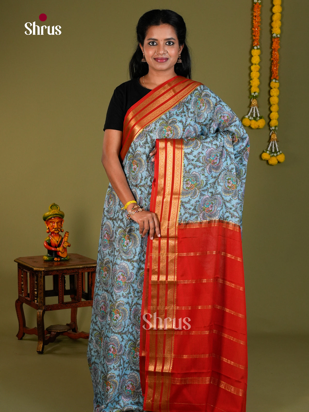 Buy Majestic Sky Blue Mysore Silk Saree with Kalamkari Style Floral Print & Red Zari Striped Border