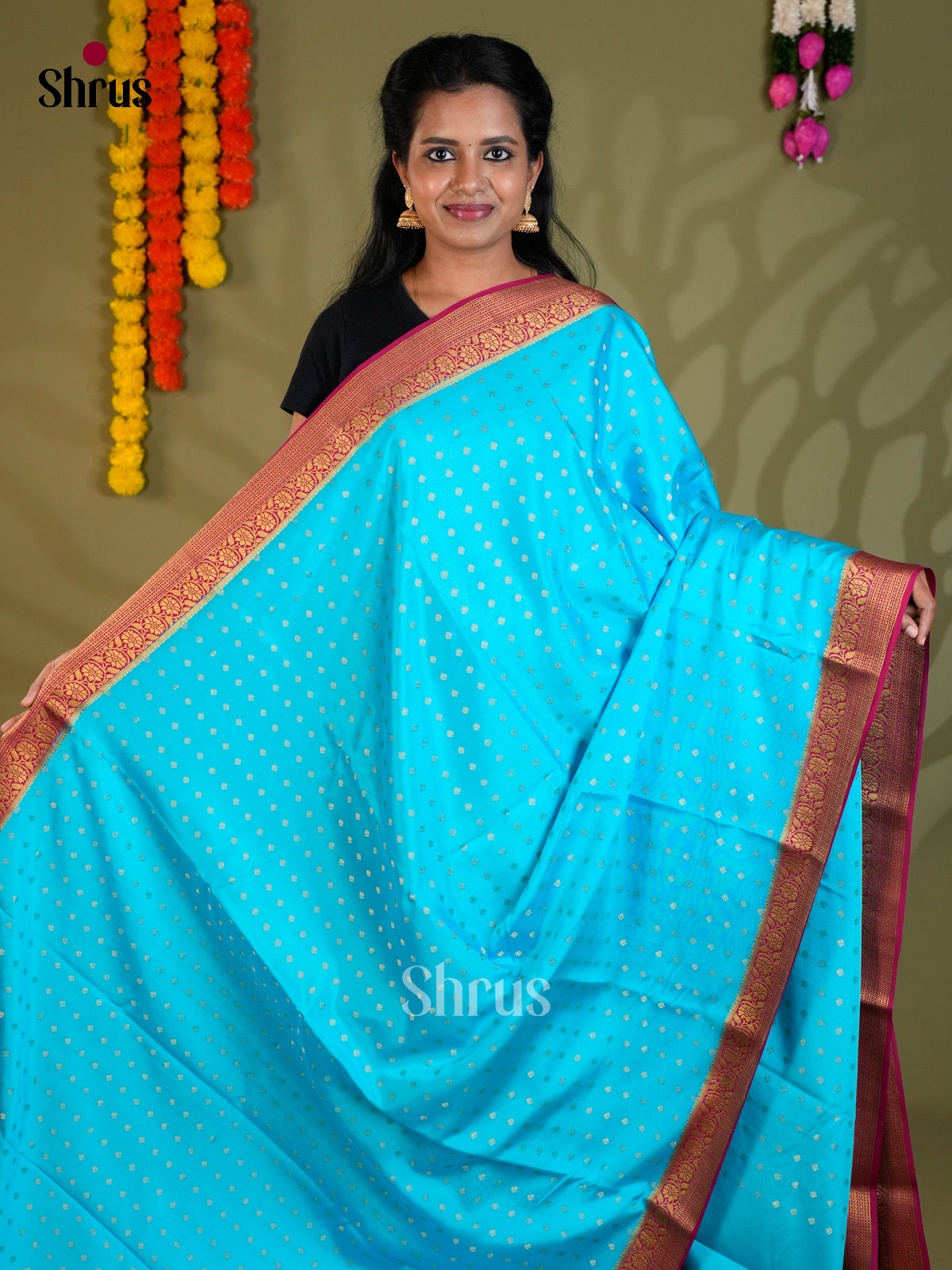 Buy Celestial Sky Blue Mysore Silk Sarees with Gold Zari Buttas, Dark Pink Border & Traditional Pallu