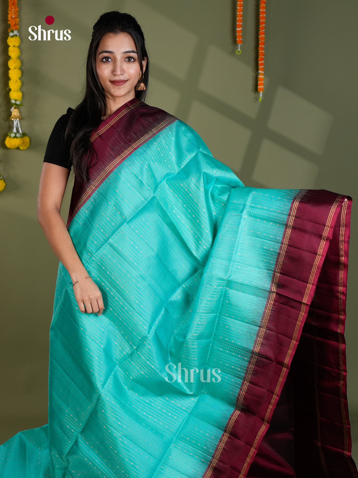 Buy Gleaming Sky Blue Pure Silk Saree With Micro Zari Dots, Deep Wine Rettapet Border & Brocade Pallu