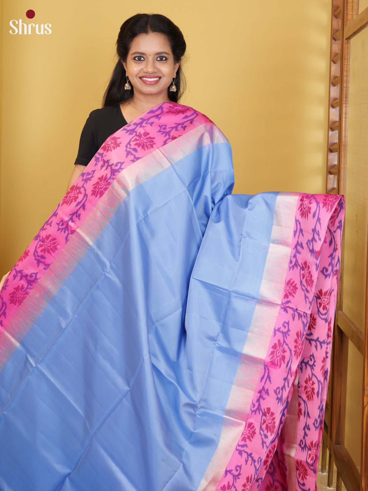 Buy Breezy Sky Blue Pure Soft Silk Saree With Plain Body, Pink Border With Pochampally Ikat Pattern
