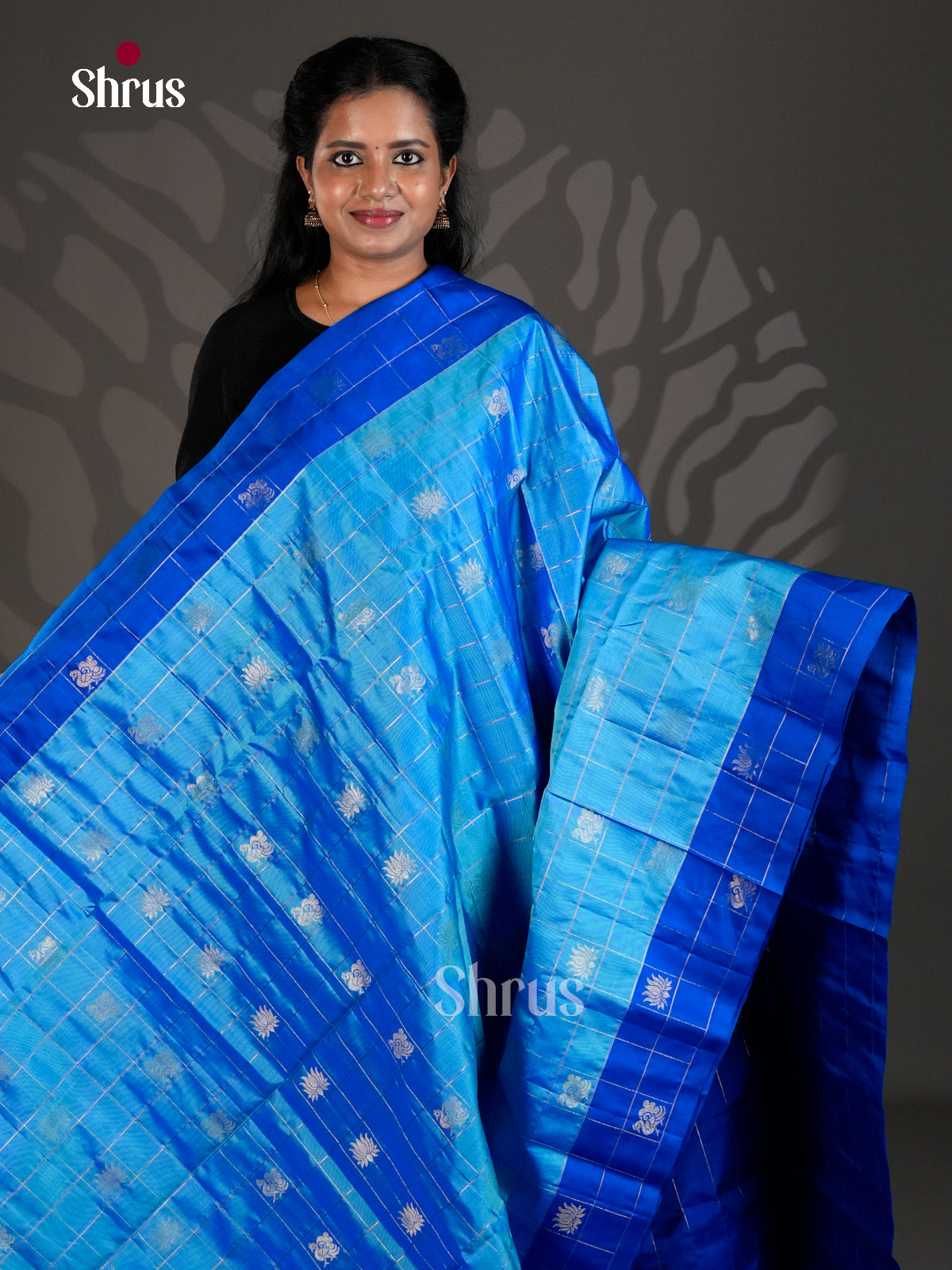 Buy Celestial Sky Blue Pure Soft Silk Saree with Silver Zari Checks, Buttas & Blue Brocade Pallu