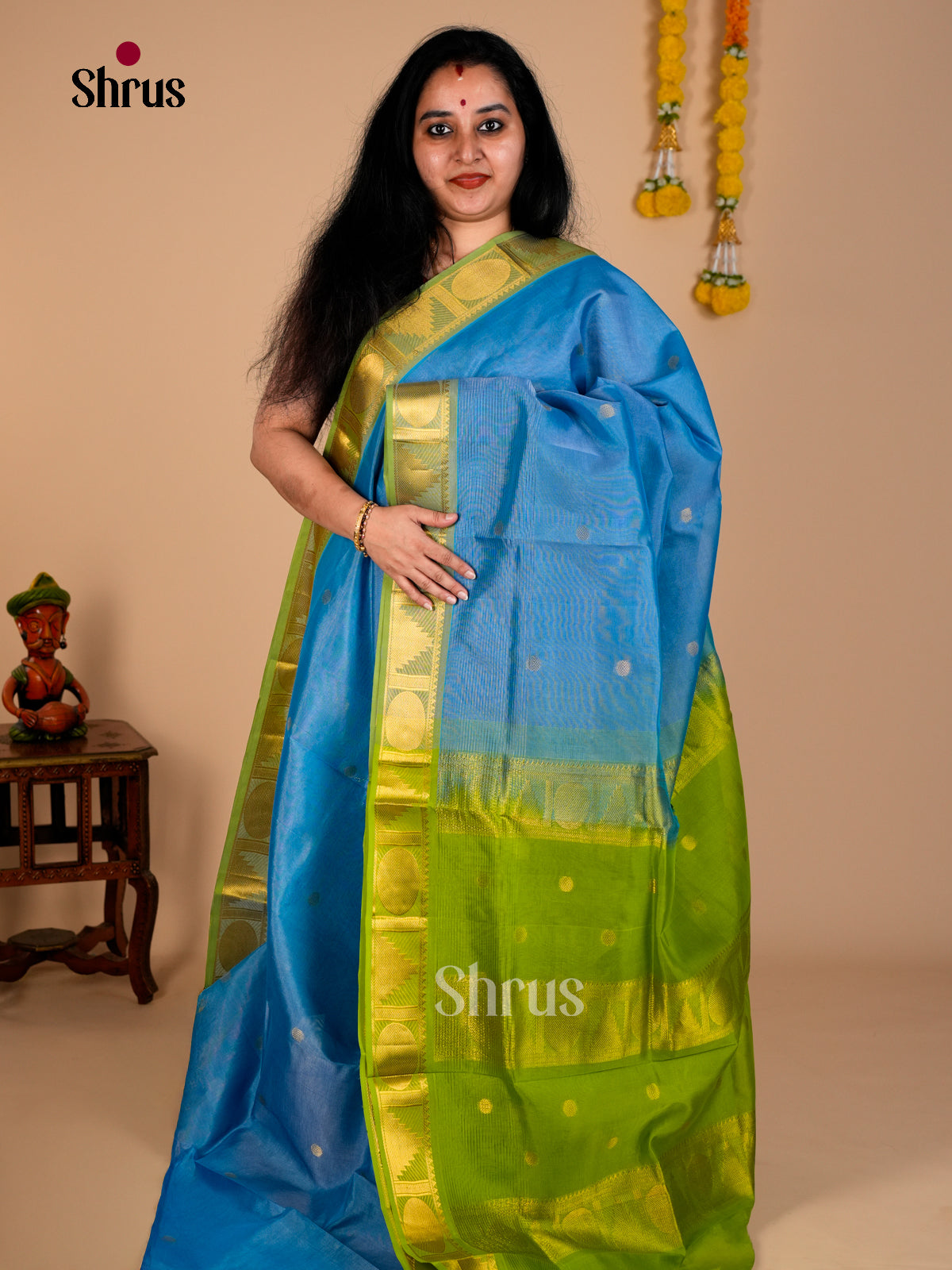 Buy Pretty Sky Blue Silk Cotton Saree With Intricate Zari Stripes & Buttas, Lime Green Zari Border & Pallu