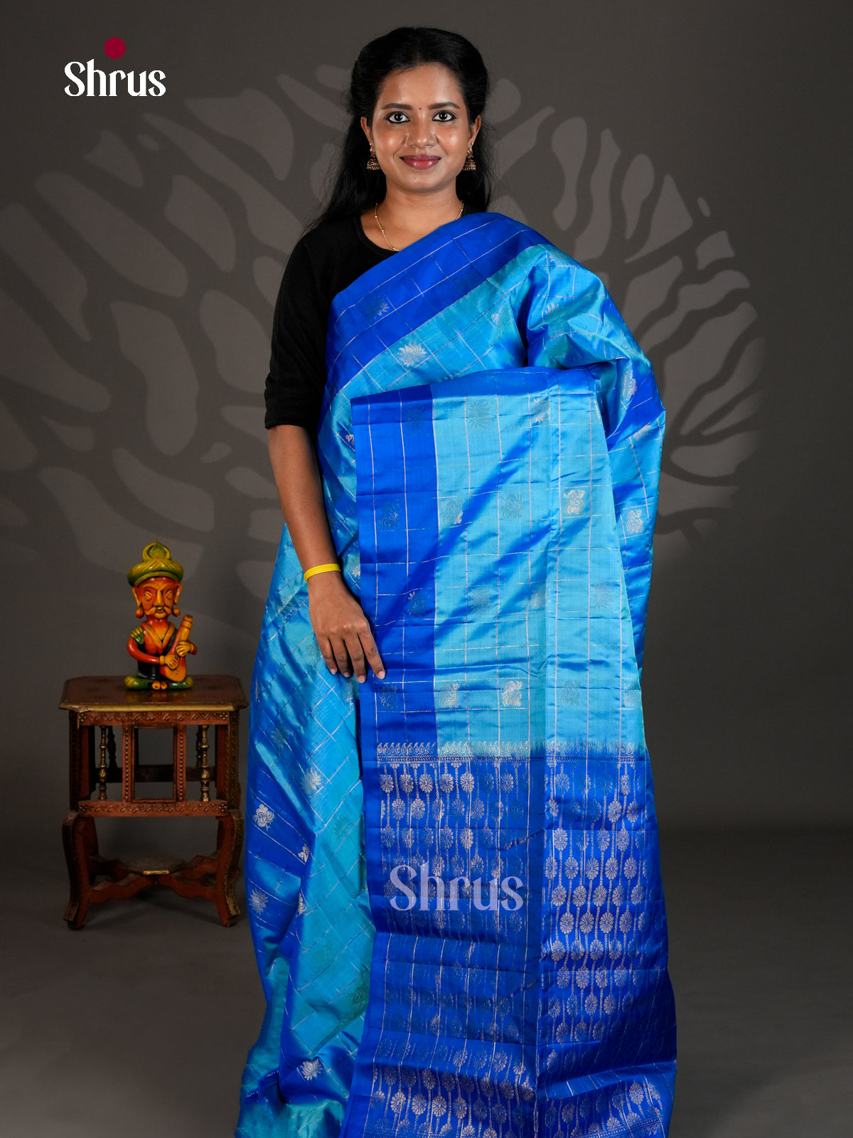 Buy Celestial Sky Blue Soft Silk Saree with Silver Zari Checks, Buttas & Blue Brocade Pallu