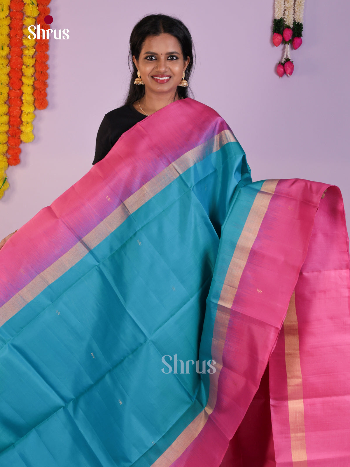 Buy Breezy Sky Blue Soft Silk Sarees with Zari Buttas, Light Pink Border & Brocade Pallu