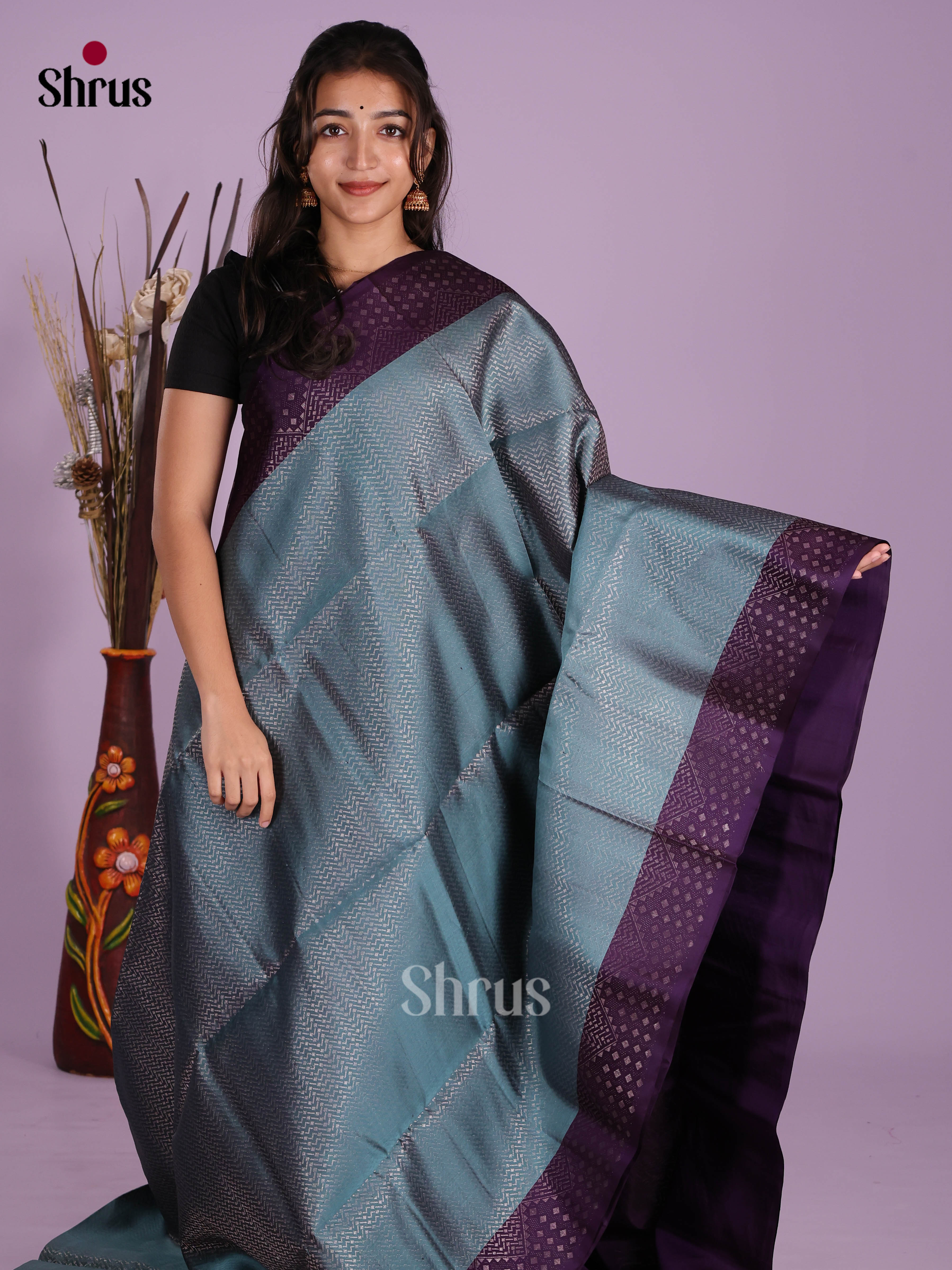 Buy Grand Slate Grey Pure Soft Silk Saree With Intricately Woven Silver Chevron Pattern, Purple Border & Pallu