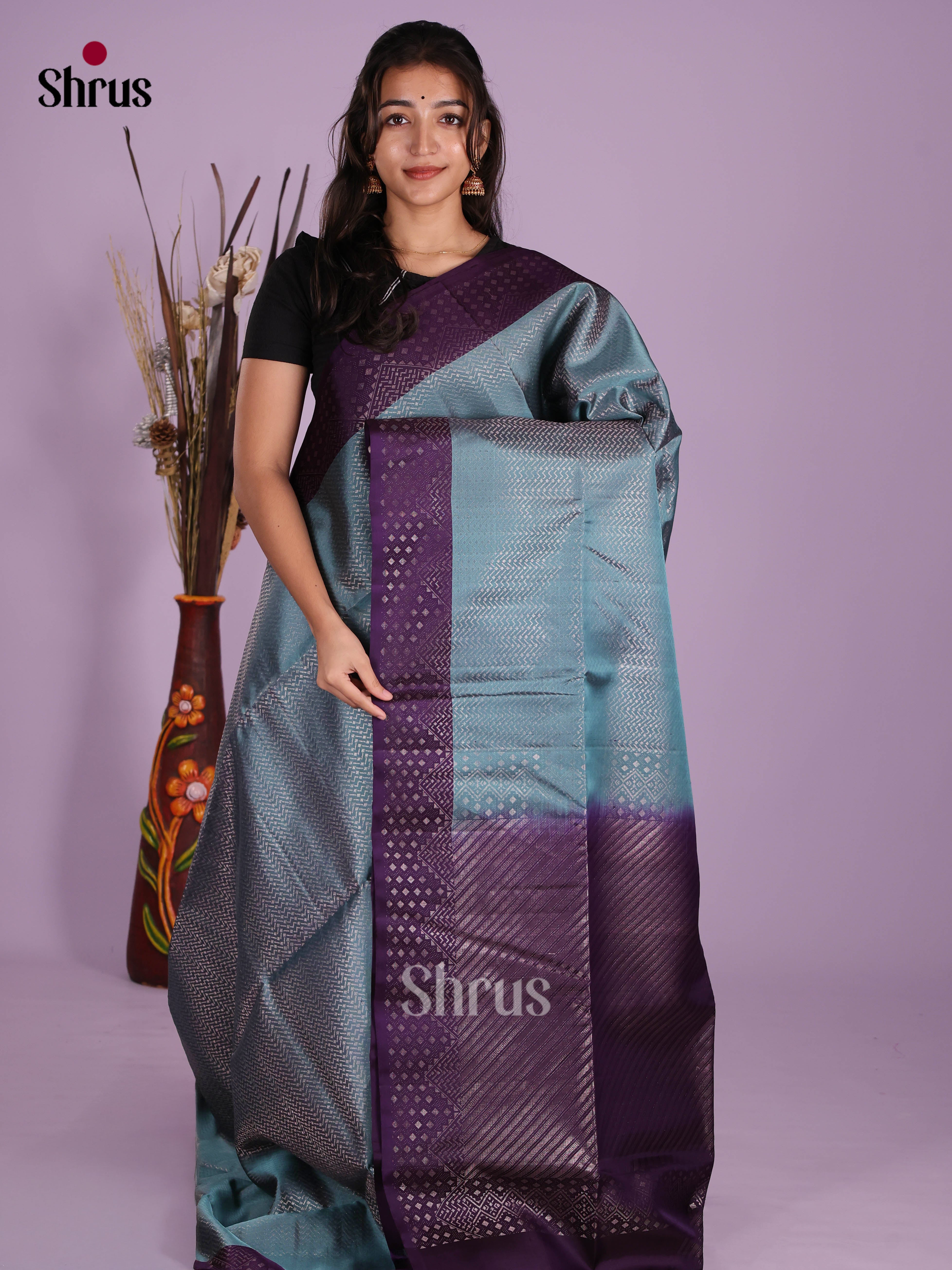 Buy Grand Slate Grey Soft Silk Saree With Intricately Woven Silver Chevron Pattern, Purple Border & Pallu
