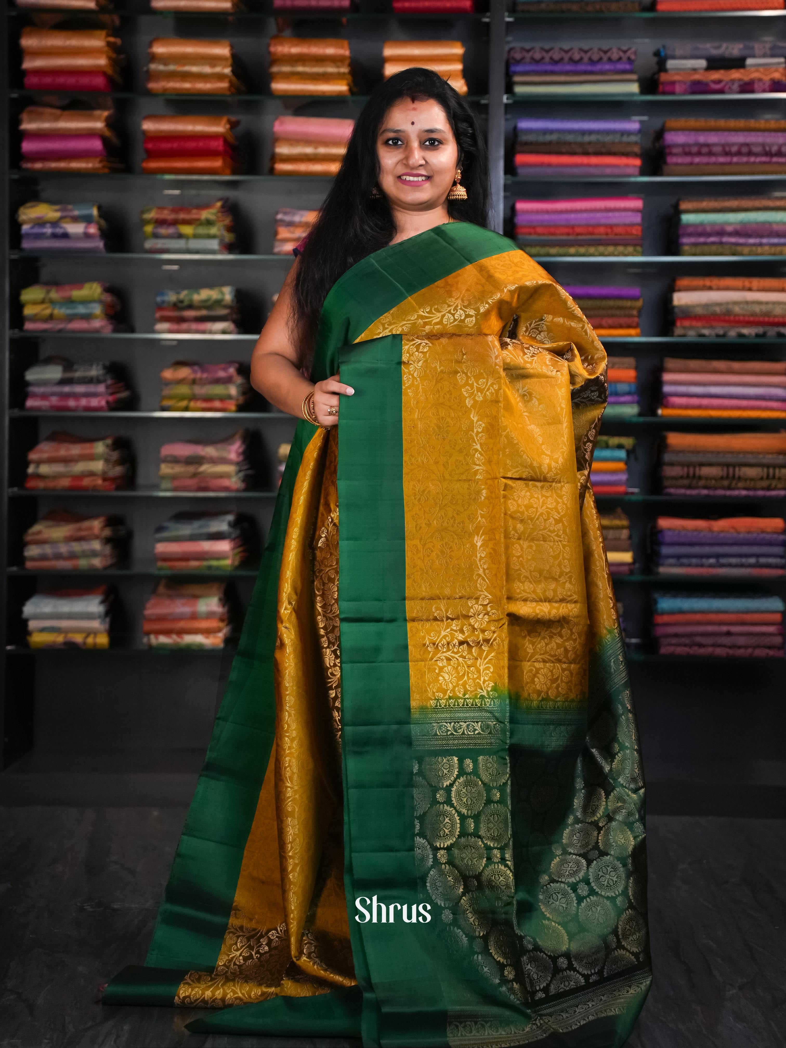 Mustard & Green - Soft Silk Saree - Shop on ShrusEternity.com