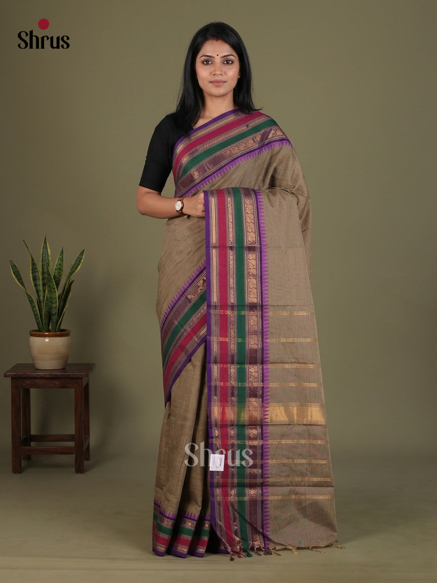 Soft Fawn Chettinad Cotton Saree With Plain Body & Zari Border With Multicolor Bands
