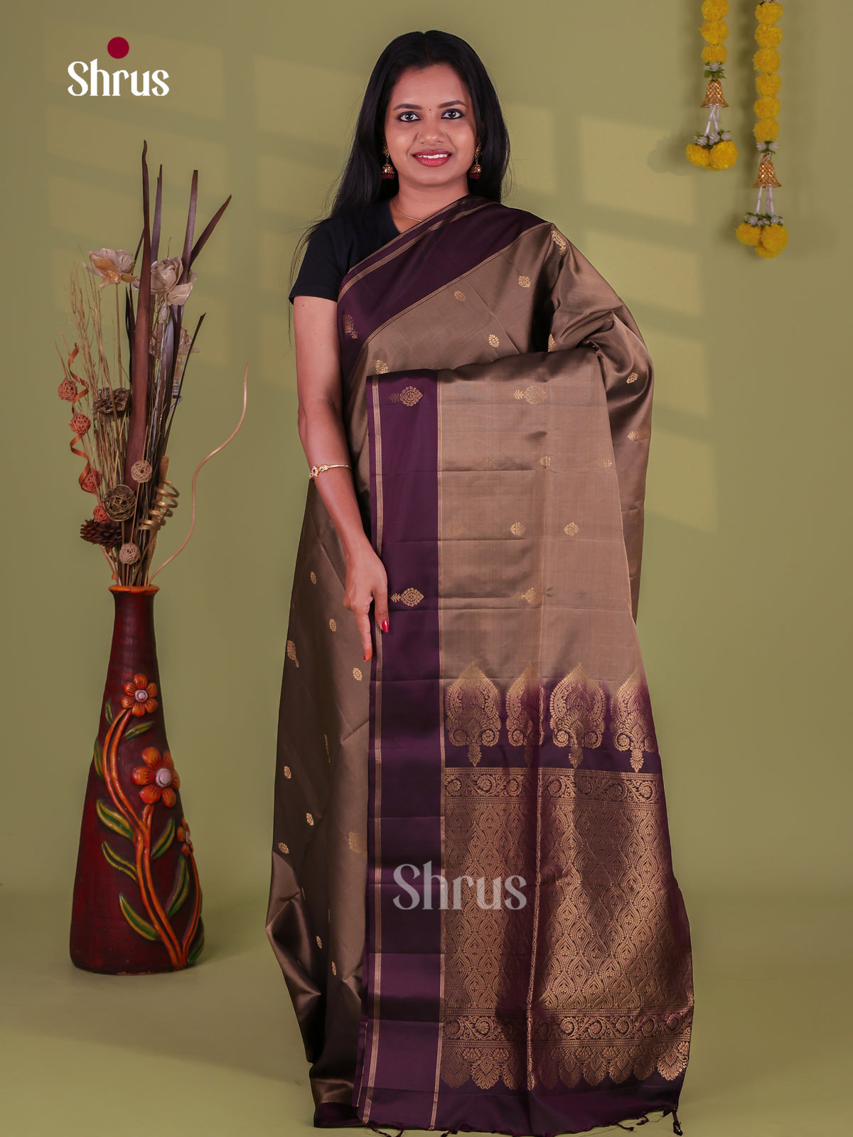 Sophisticated Light Brown Soft Silk Sarees With Floral Buttas, Purple With Zari Lines & Brocade Pallu