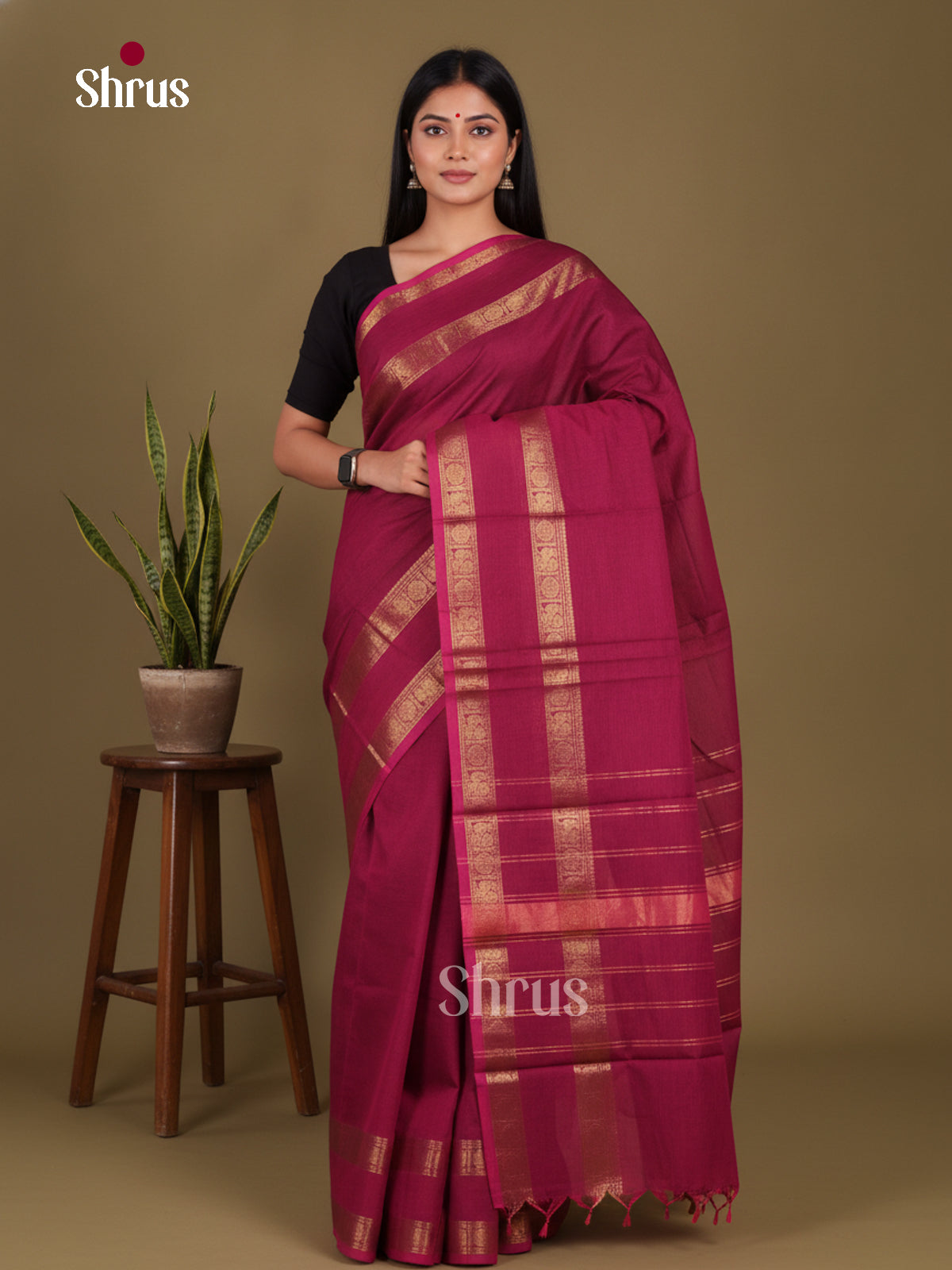 Striking Dark Pink Chettinad Cotton Saree with Rettaipet Zari Border & Traditional Pallu
