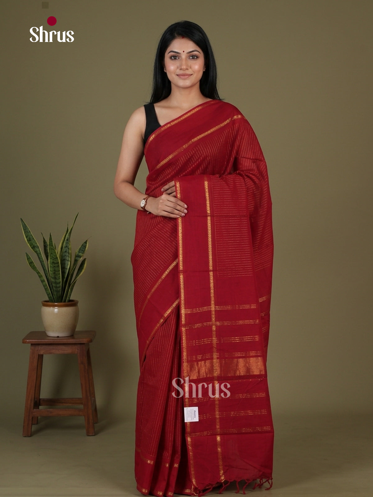 Striking Deep Maroon Chettinad Cotton Saree With Golden Stripes & Rettapet Zari Border