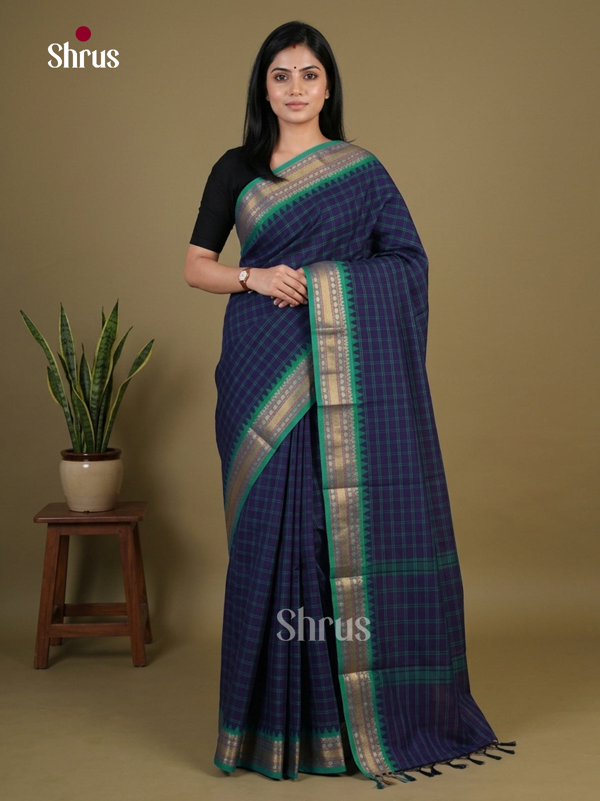 Striking Indigo Chettinad Cotton Saree With Checks & Turquoise Temple Zari Border