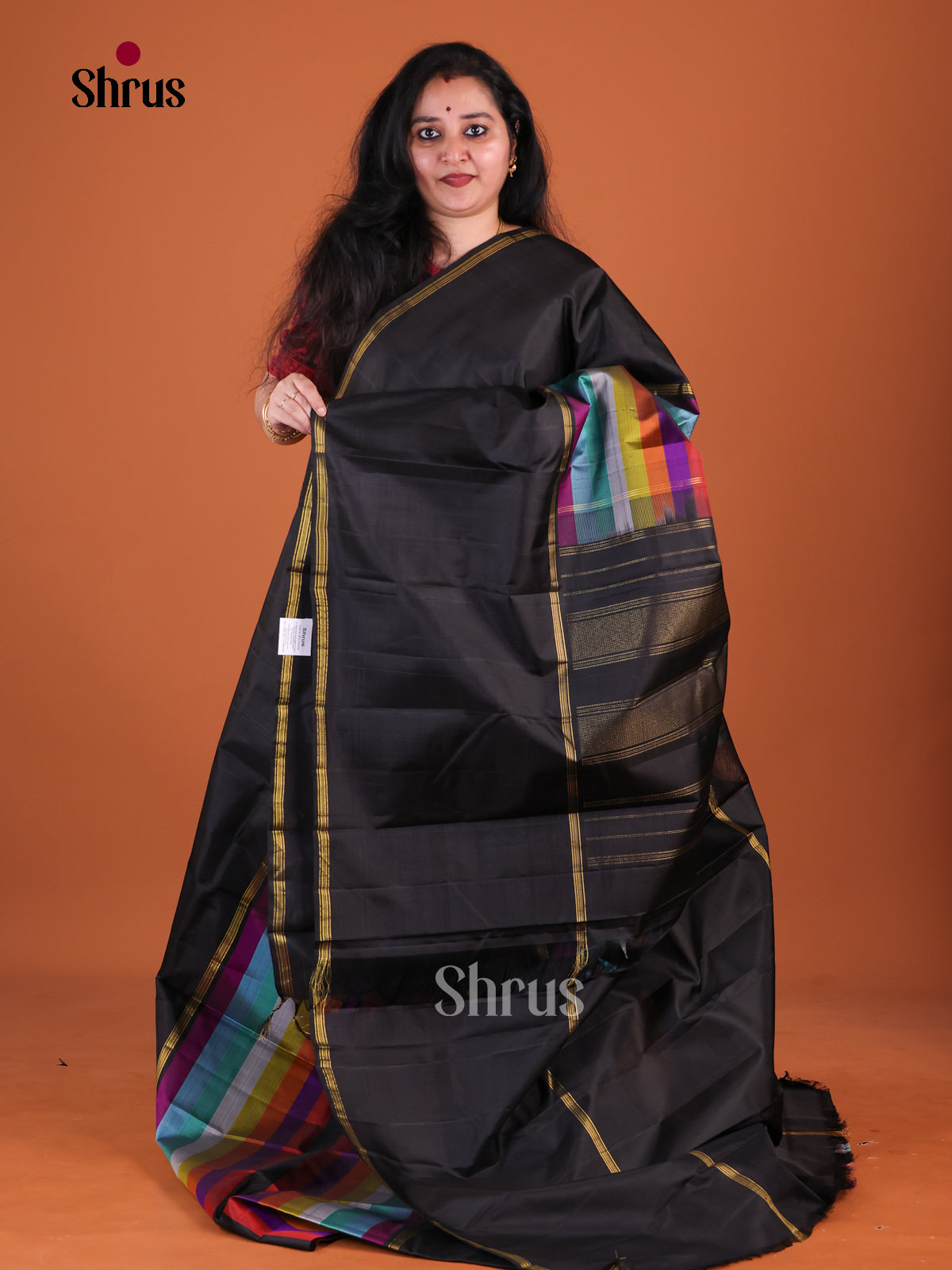 Striking Kanchipuram Silk Saree With Multi-Colored Vertical Stripes | Big Black Rettapet Border & Pallu