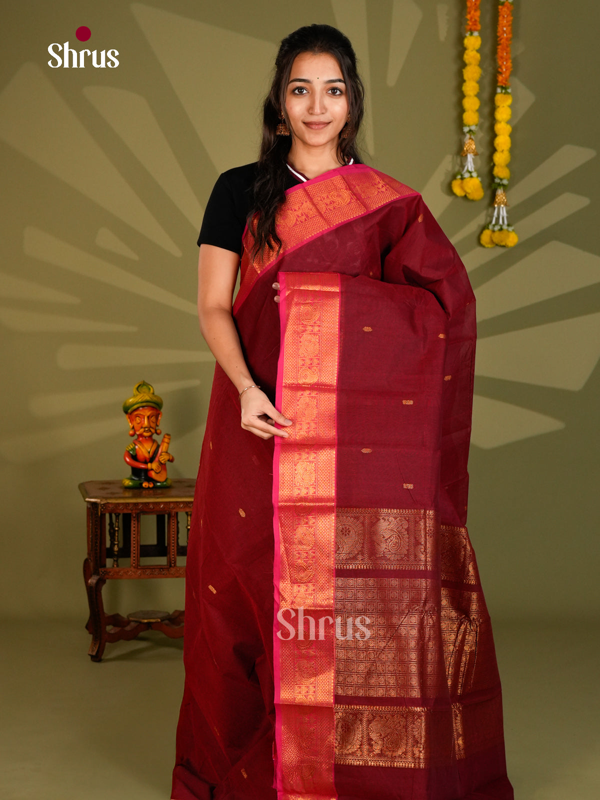 Striking Maroon Chettinad Cotton Saree With Gold Buttas, Pink Border & Zari Pallu