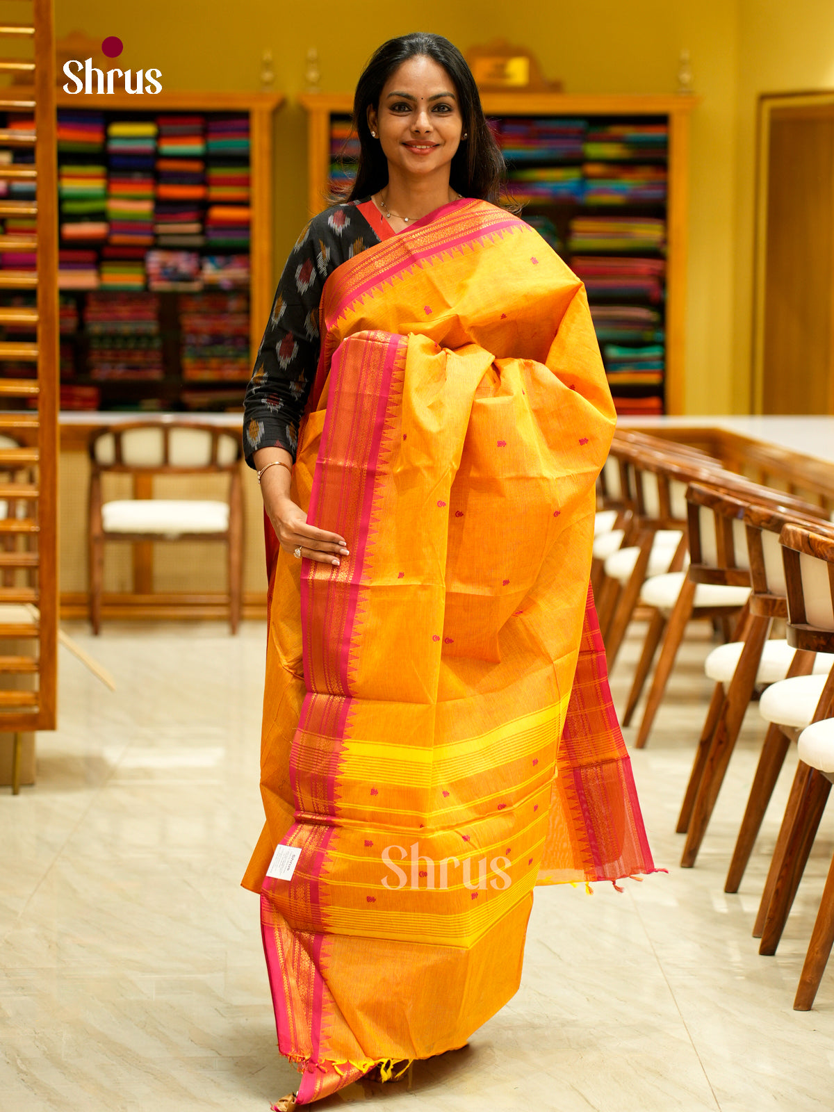 Striking Mustard Chettinad Cotton Saree With Thread Buttas & Pink Temple Zari Border