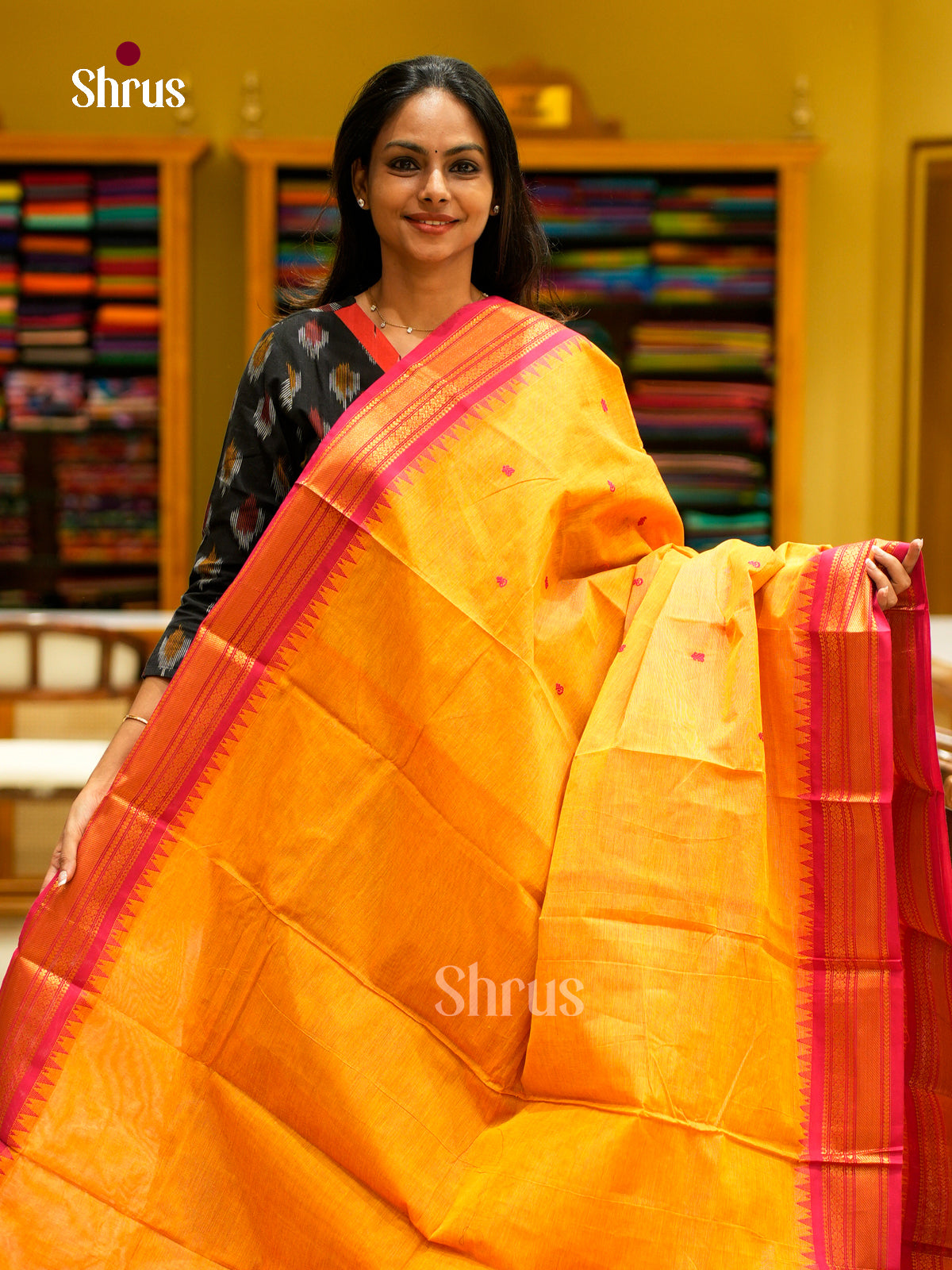 Striking Mustard Chettinad Cotton Sarees With Thread Buttas & Pink Temple Zari Border