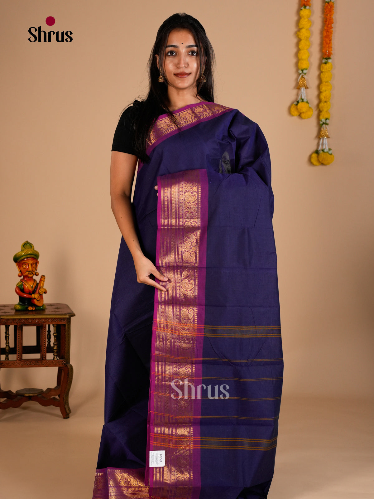 Striking Navy Blue Chettinad Cotton Saree With Purple Zari Woven Floral Vines
