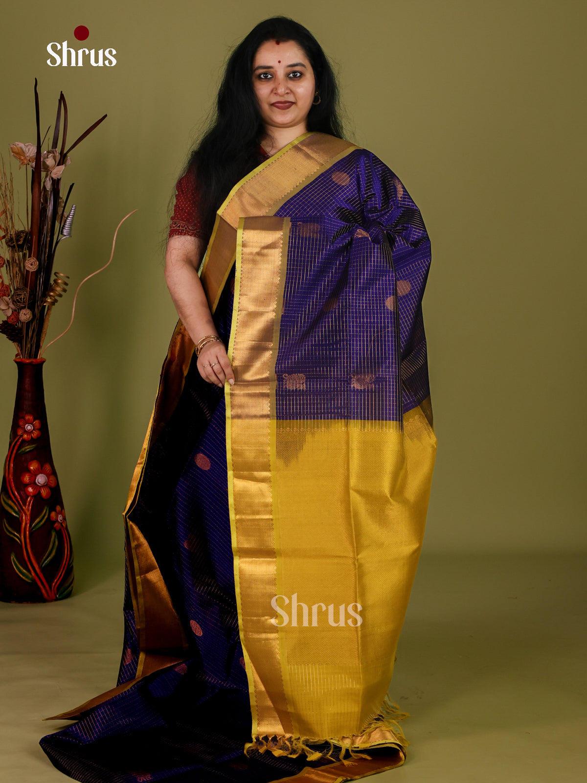 Striking Navy Blue Cotton Silk Saree With Gold Checks, Buttas, Mustard Kaddi Zari Border & Brocade Pallu