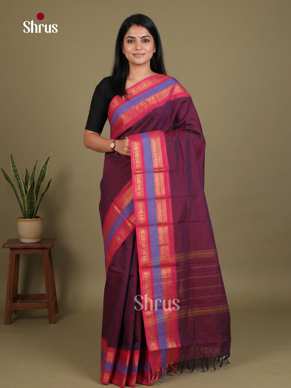 Striking Purple Chettinad Cotton Saree With Plain Body & Pink Rettapet Zari Border
