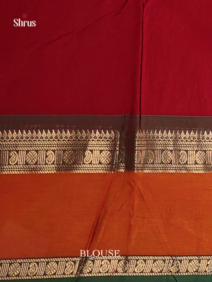 Striking Red Chettinad Saree With Small Buttas & Green Rettapet Border With Orange Band