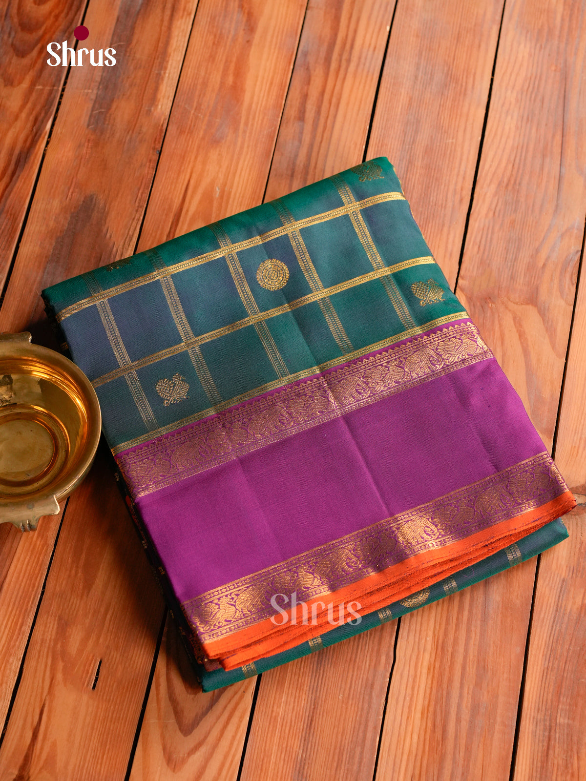Striking Teal Green 9Yards Kanchipuram Saree With Checks & Buttas | Purple Rettapet Zari Border