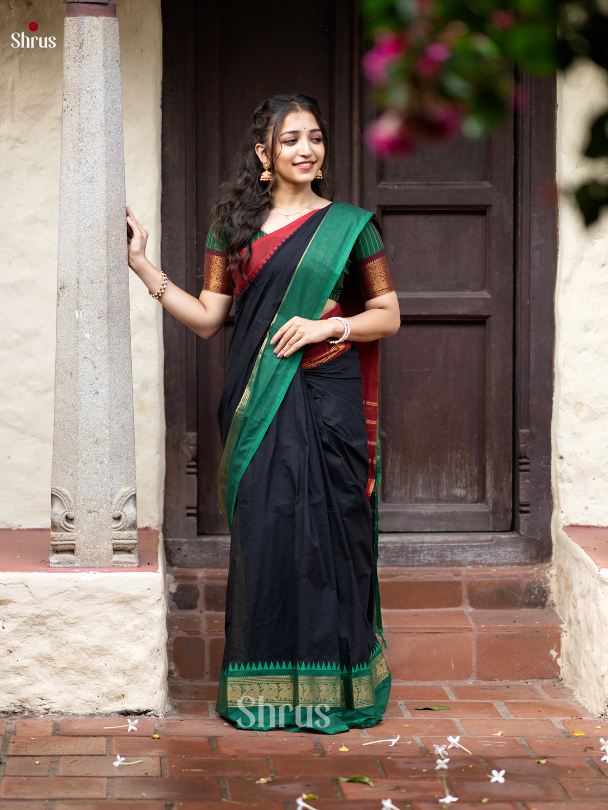 Stunning Black Chettinad Cotton Saree With Red & Green Ganga Jamuna Zari Woven Border
