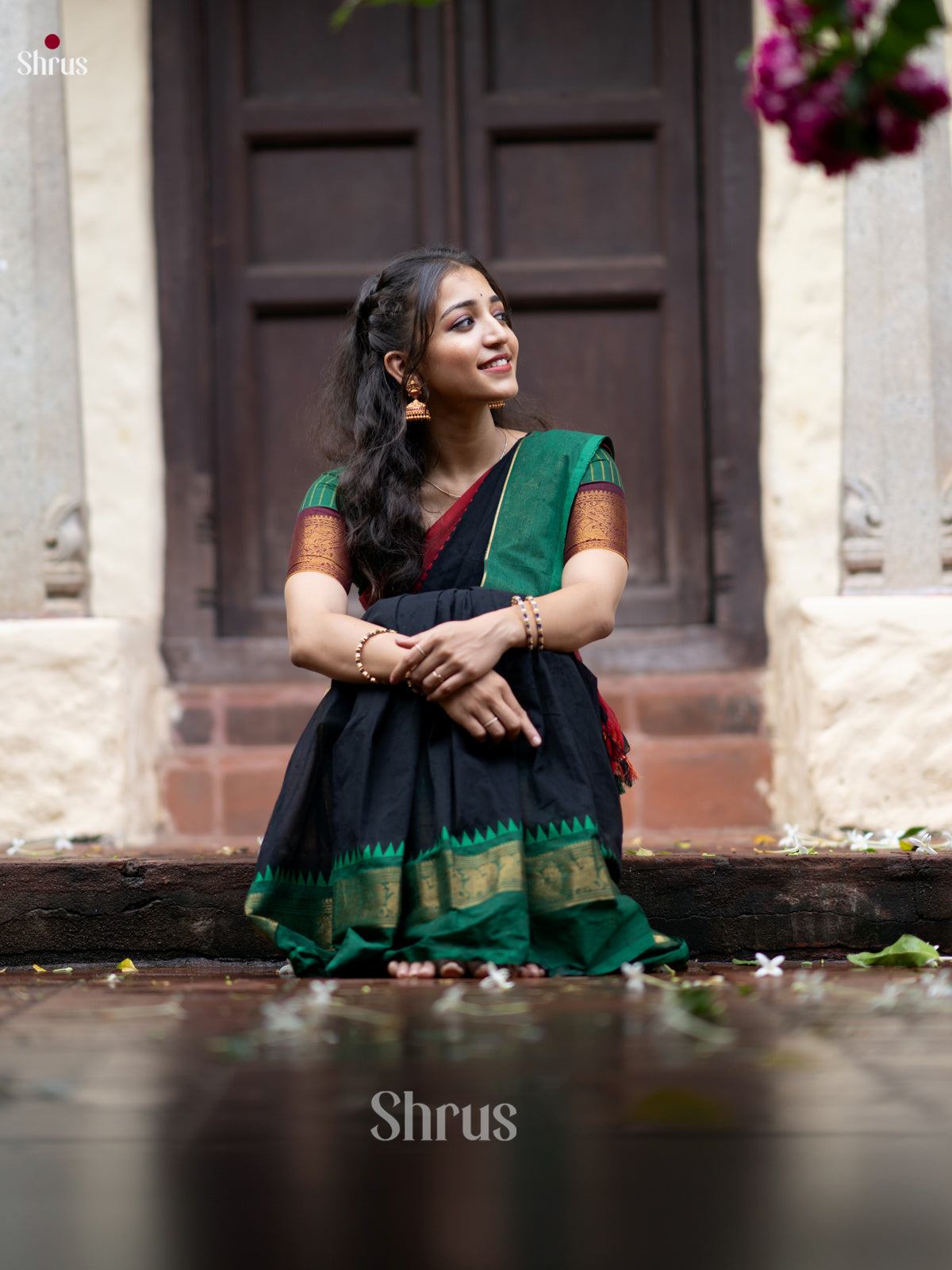 Stunning Black Chettinad Cotton Sarees With Red & Green Ganga Jamuna Zari Woven Border