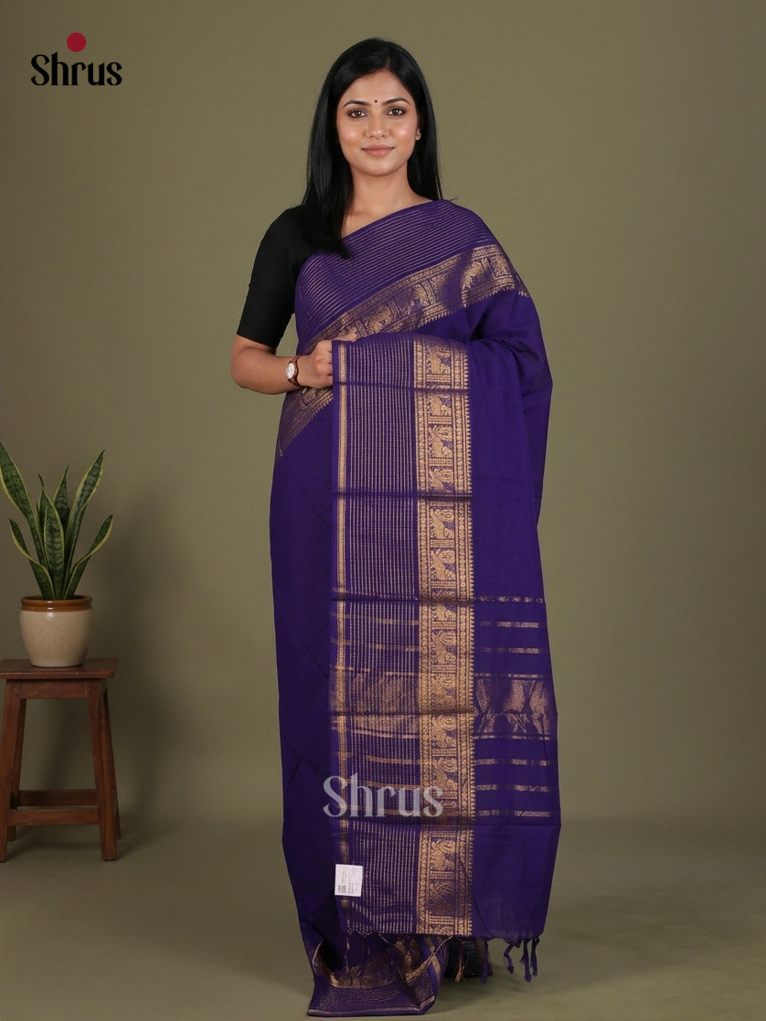 Stunning Deep Royal Blue Chettinad Cotton Saree With Plain Body, Zari Striped Border & Chit Pallu