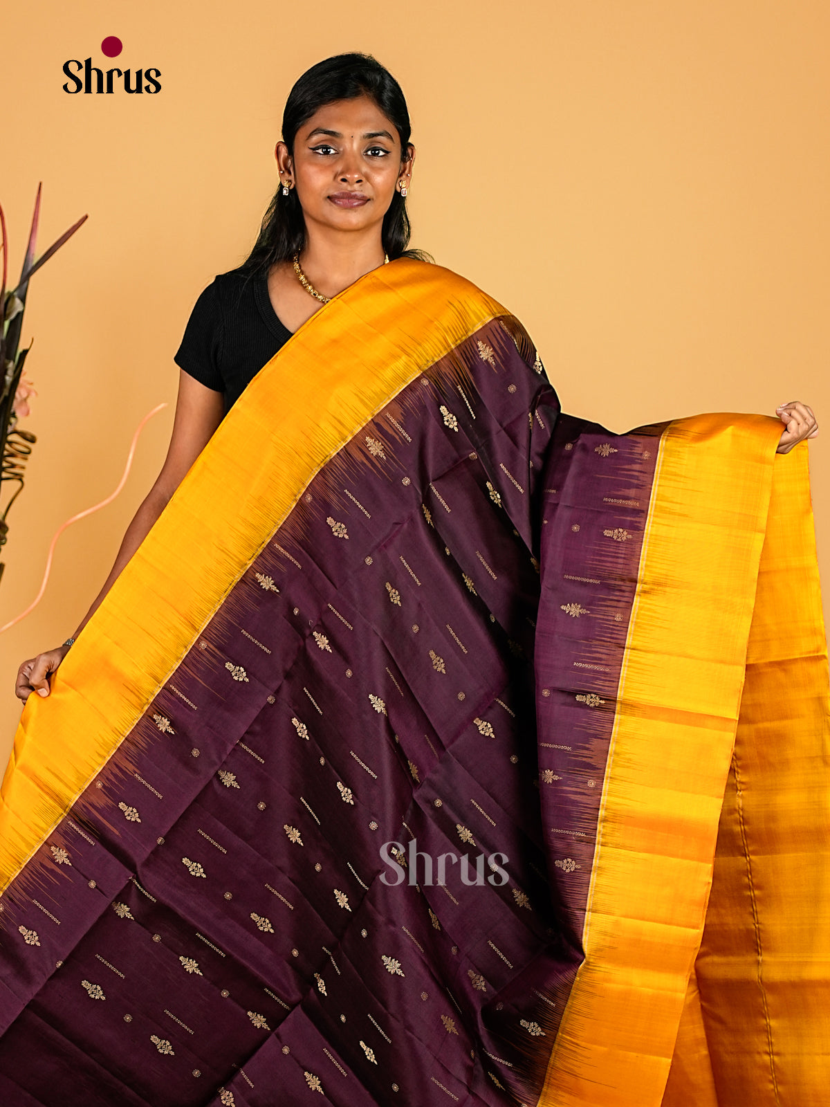 Stunning Deep Wine Soft Silk Sarees With Floral Buttas, Mustard Yellow Border & Brocade Pallu 1