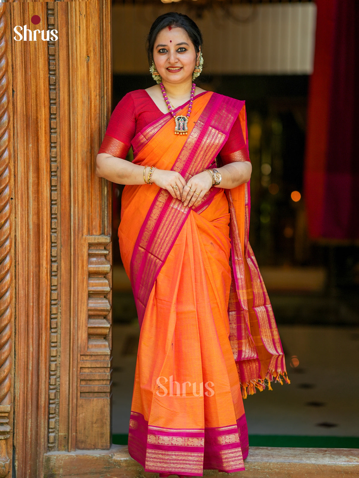 Stunning Orange Chettinad Cotton Saree With Thread Buttas & Red Zari Striped Border