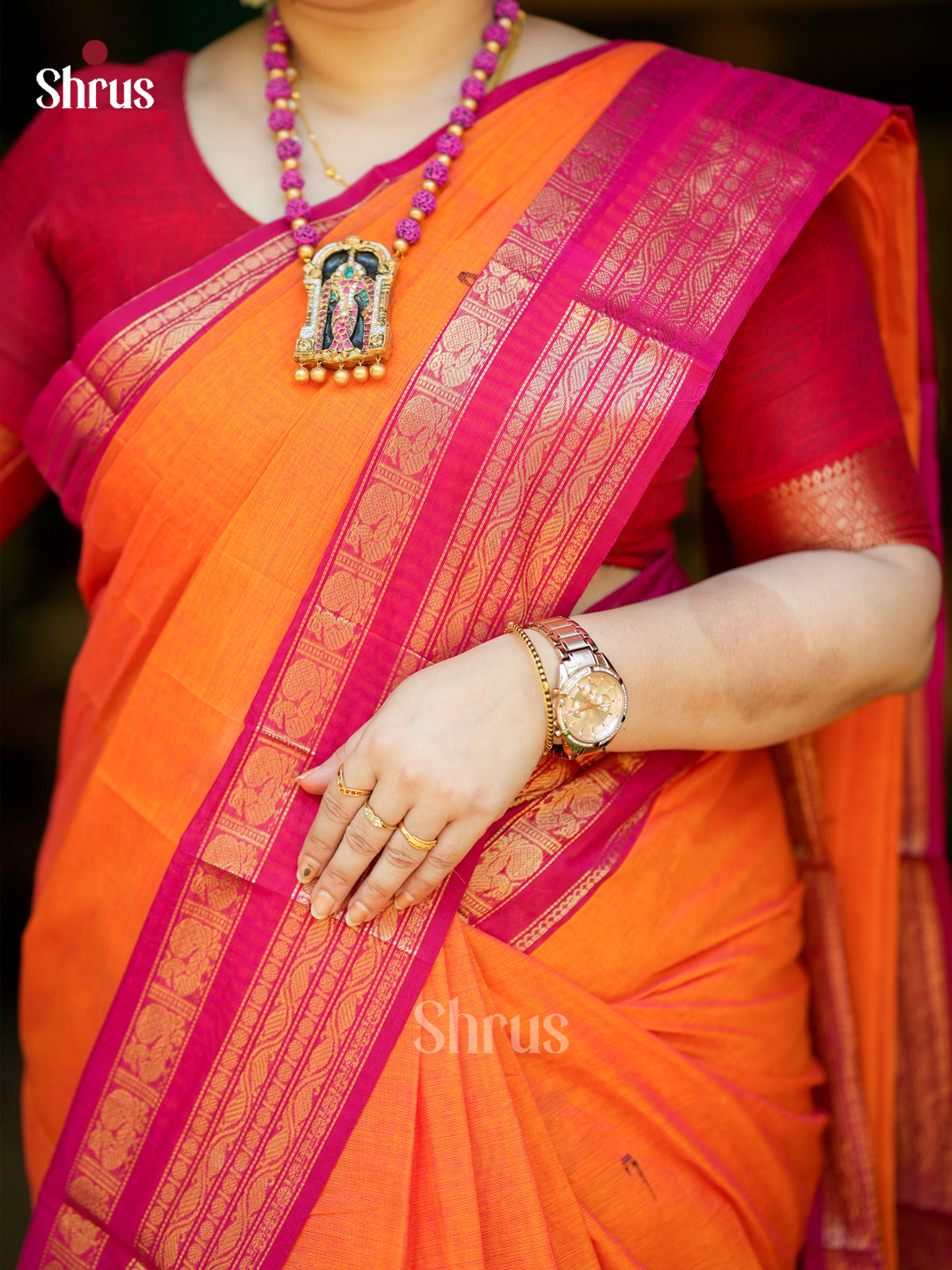 Stunning Orange Chettinad Cotton Sarees With Thread Buttas & Red Zari Striped Border