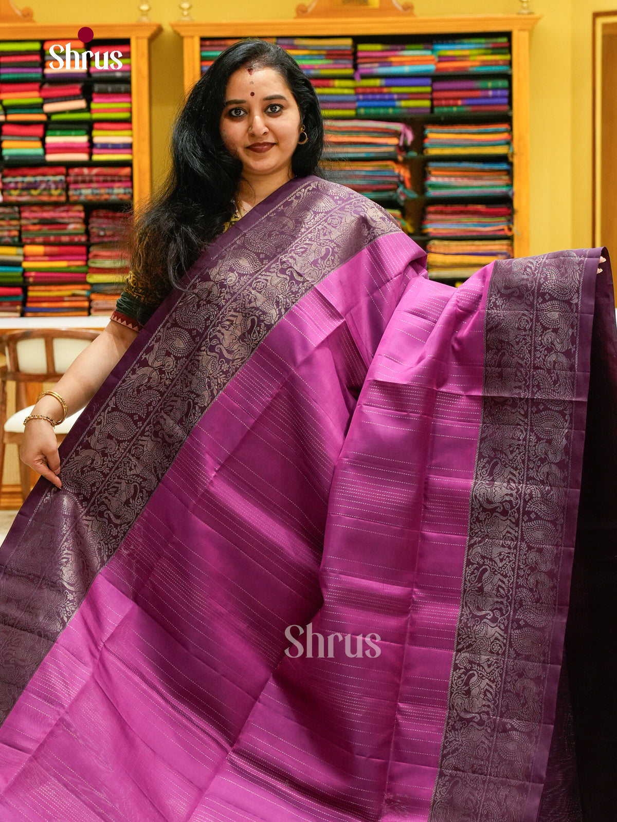 Stunning Pink Soft Silk Sarees with Dotted Silver Lines | Deep Purple Contrast Border