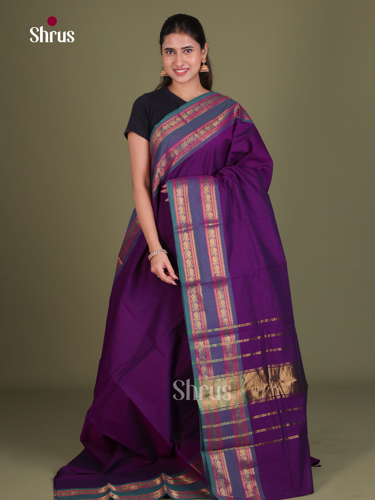 Stunning Purple Chettinad Cotton Saree With Blue Rettapet Zari Border & Striped Pallu - Shop on Shrus.com