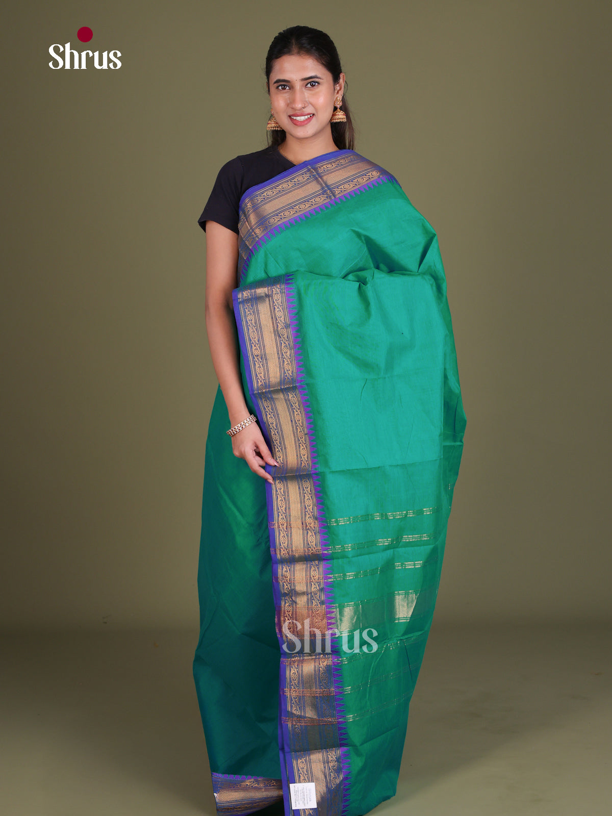 Green Chettinad Cotton Saree With Violet Zari Woven Temple Border - Shop on Shrus.com