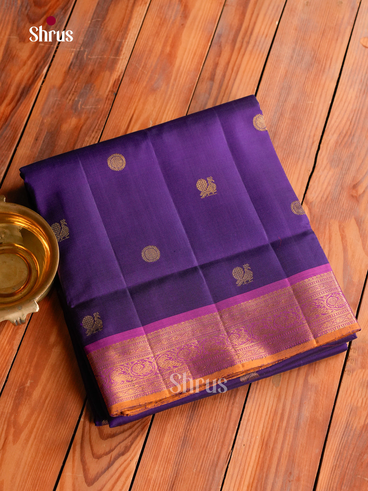 Stunning Violet 9Yards Kanchipuram Saree With Gold Buttas | Magenta Zari Border & Pallu