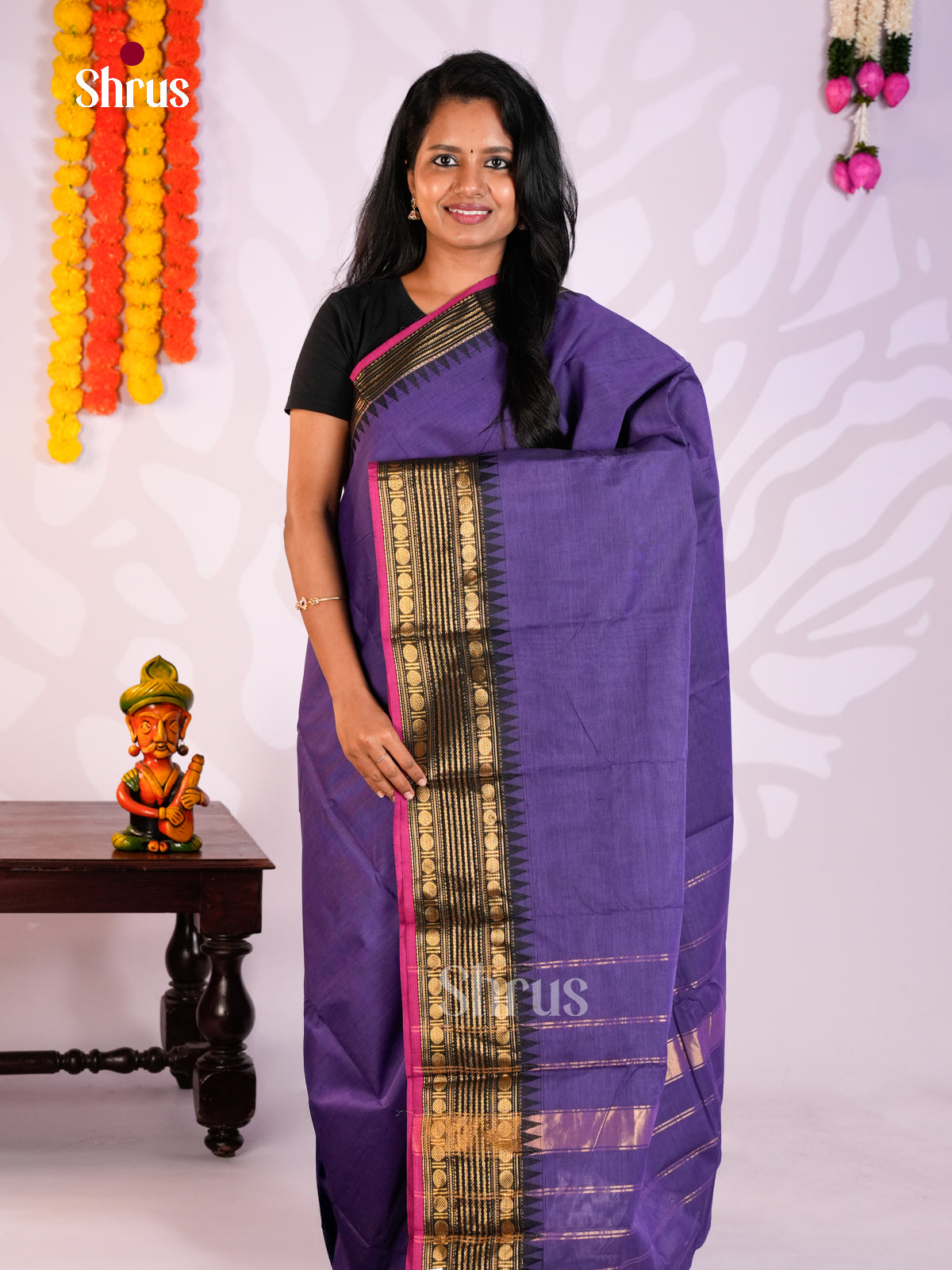 Stunning Violet Chettinad Cotton Saree With Plain Body & Black Zari Striped Border