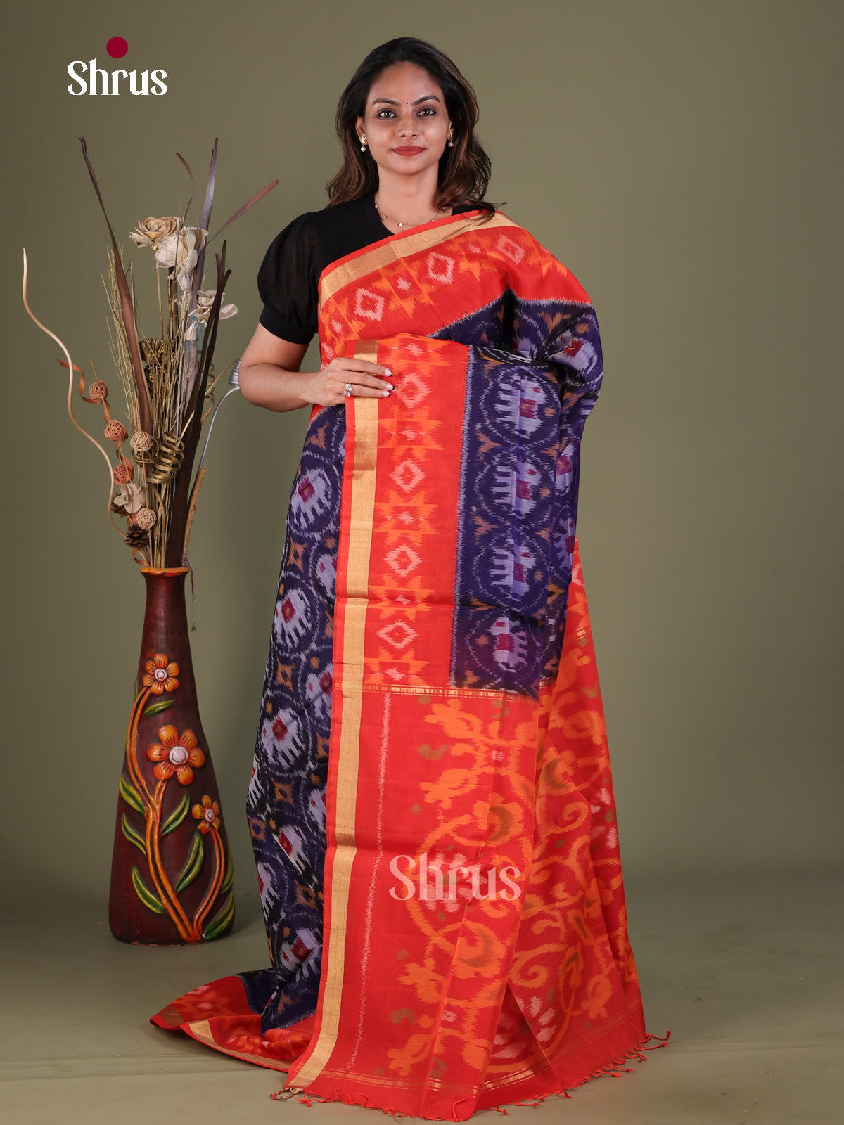 Stunning Violet Pochampally Silk Cotton Saree With Elephant Prints & Orange Kaddi Border