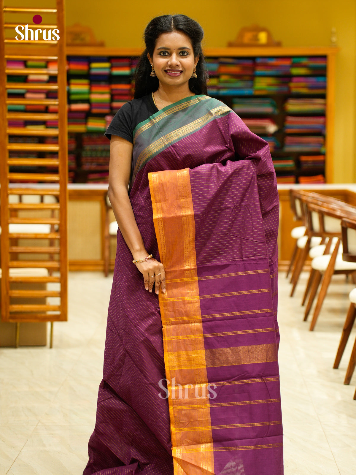 Stylish Purple Chettinad Cotton Saree With Stripes, Ganga Jamuna Rettapet Zari Border & Pallu