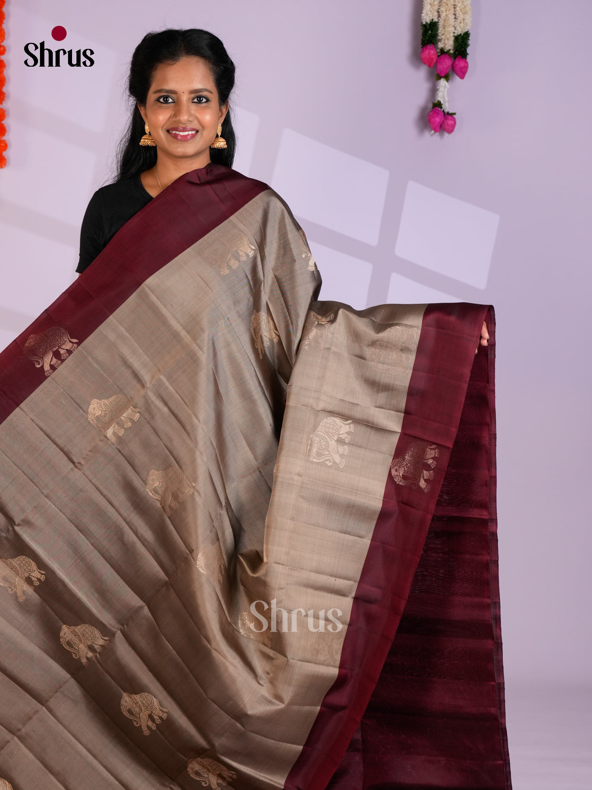 Buy Classic Taupe Pure Soft Silk Saree with Elephant Motifs Printed Body, Maroon Border & Pallu