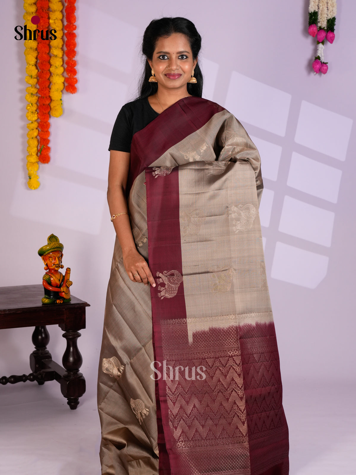 Buy Classic Taupe Soft Silk Saree with Elephant Motifs Printed Body, Maroon Border & Pallu
